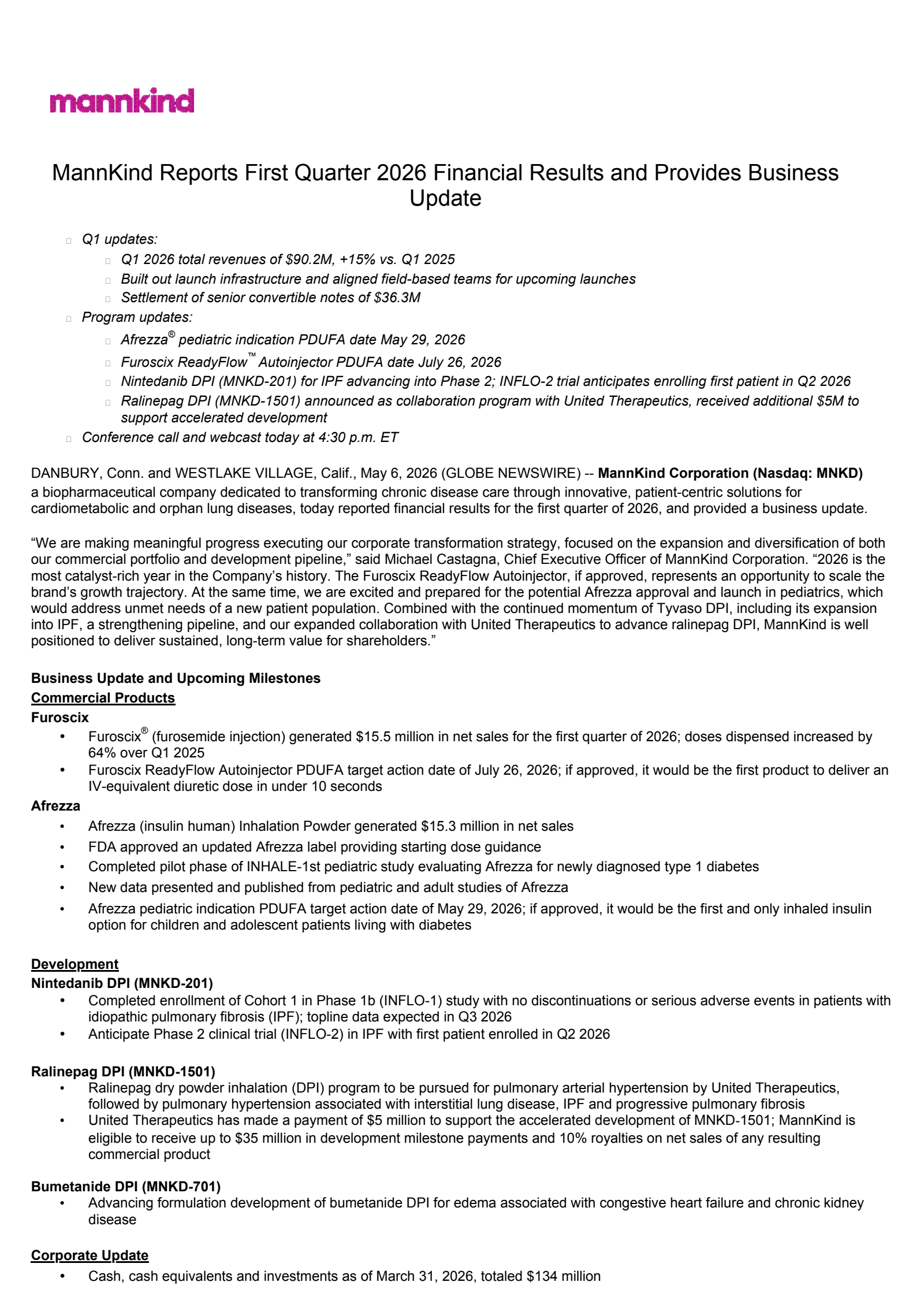 MannKind's Q1 2026 Press Release
