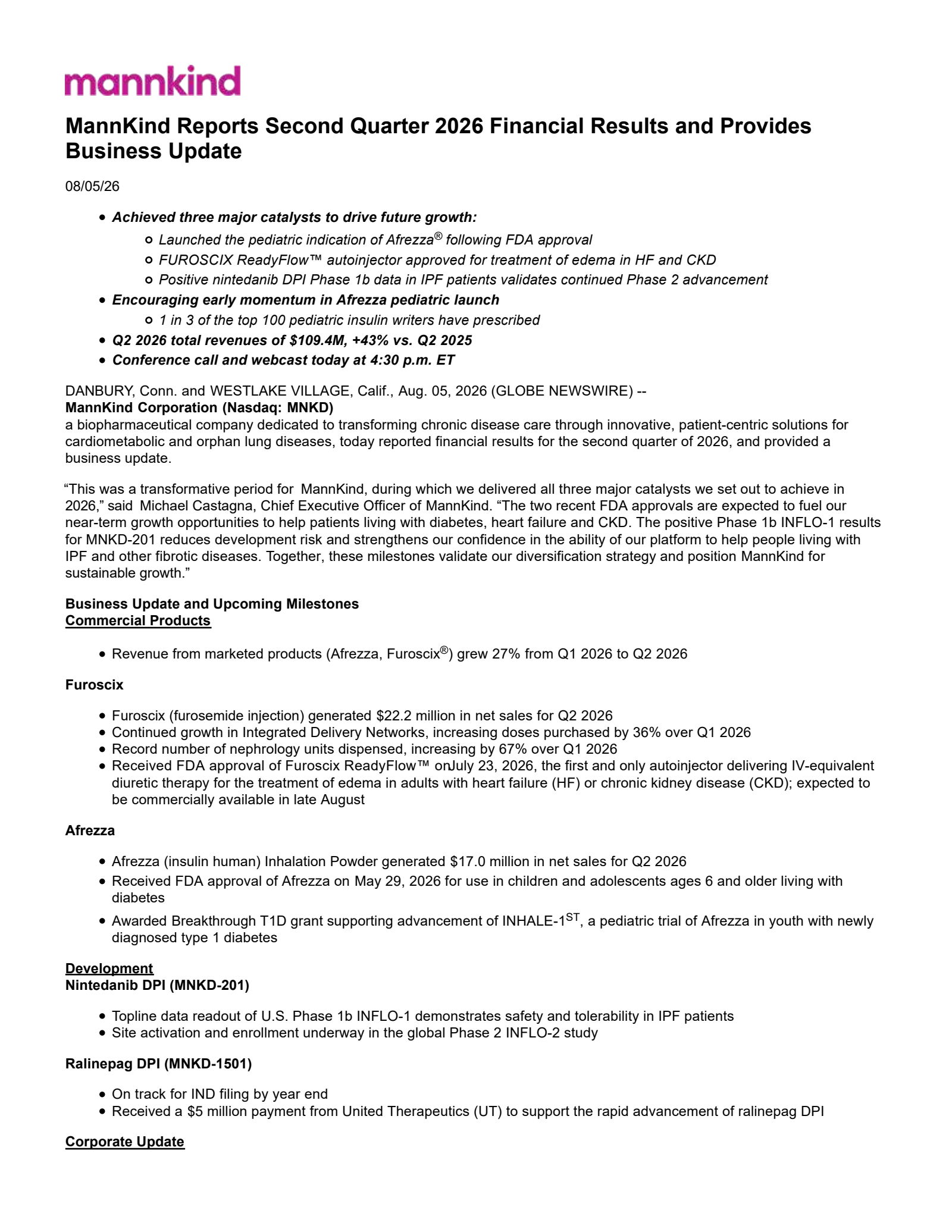 MannKind's Q2 2026 Press Release