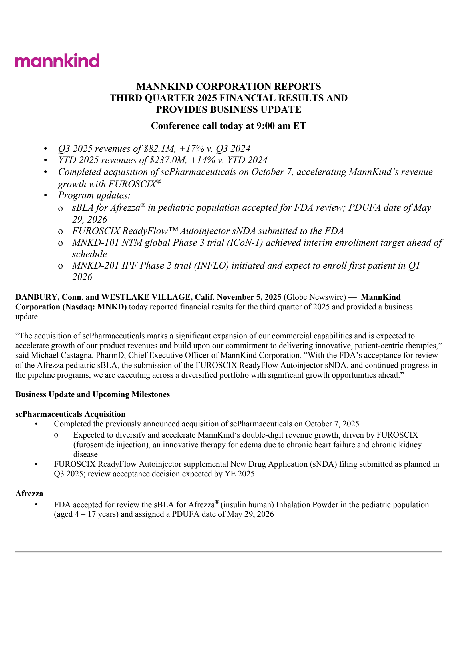 MannKind's Q3 2025 Earnings Release