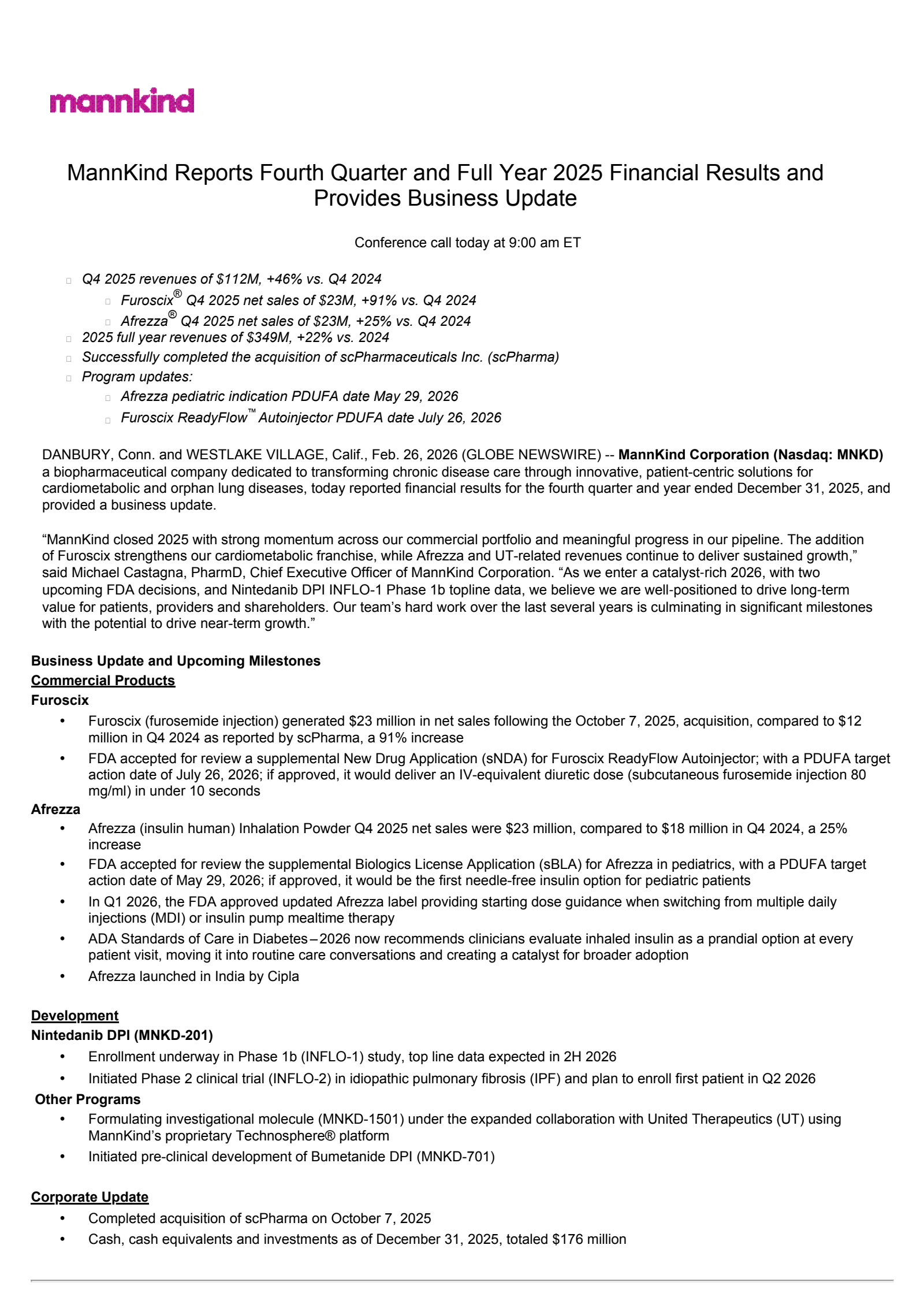 MannKind's Q4 2025 Press Release