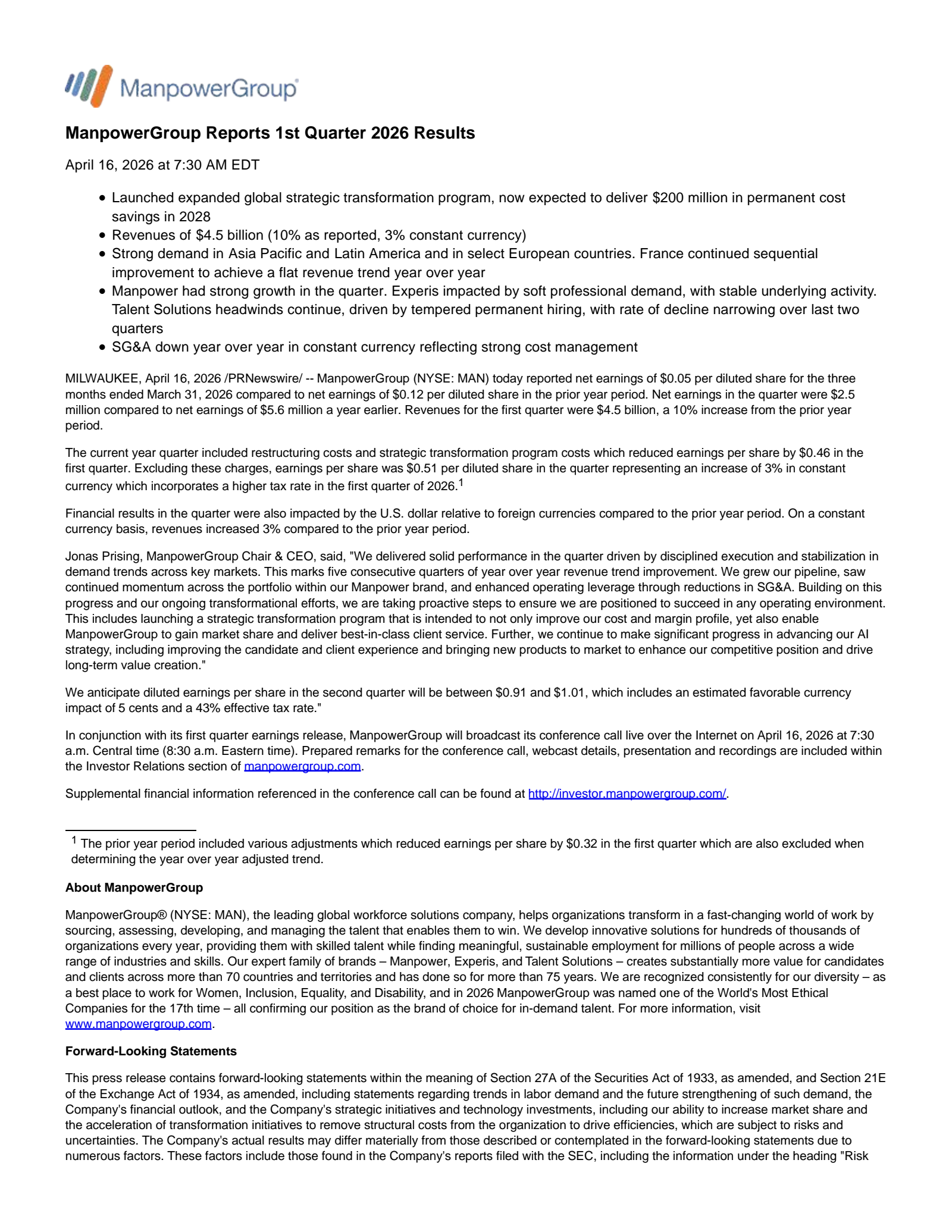 ManpowerGroup's Q1 2026 Press Release