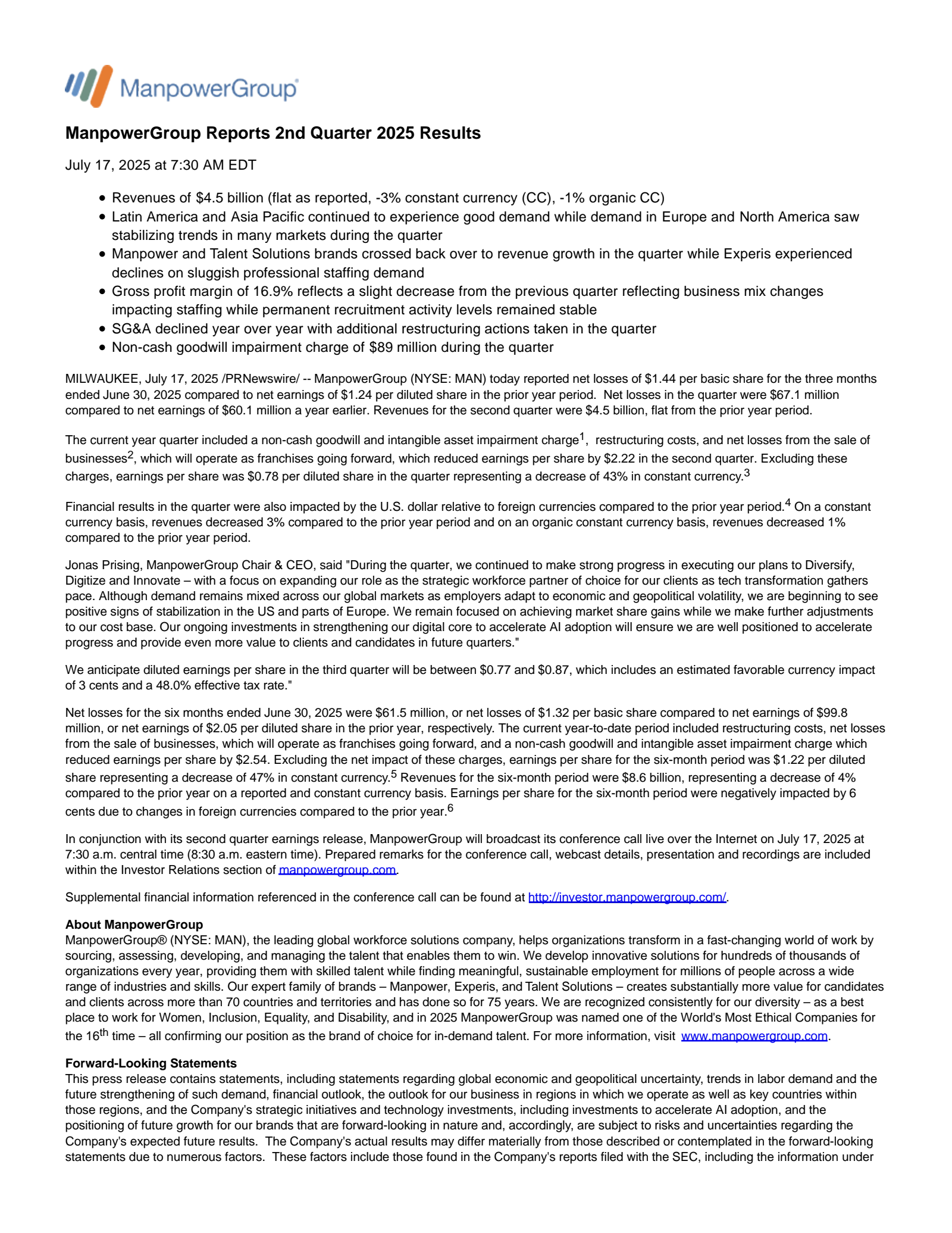 ManpowerGroup's Q2 2025 Press Release