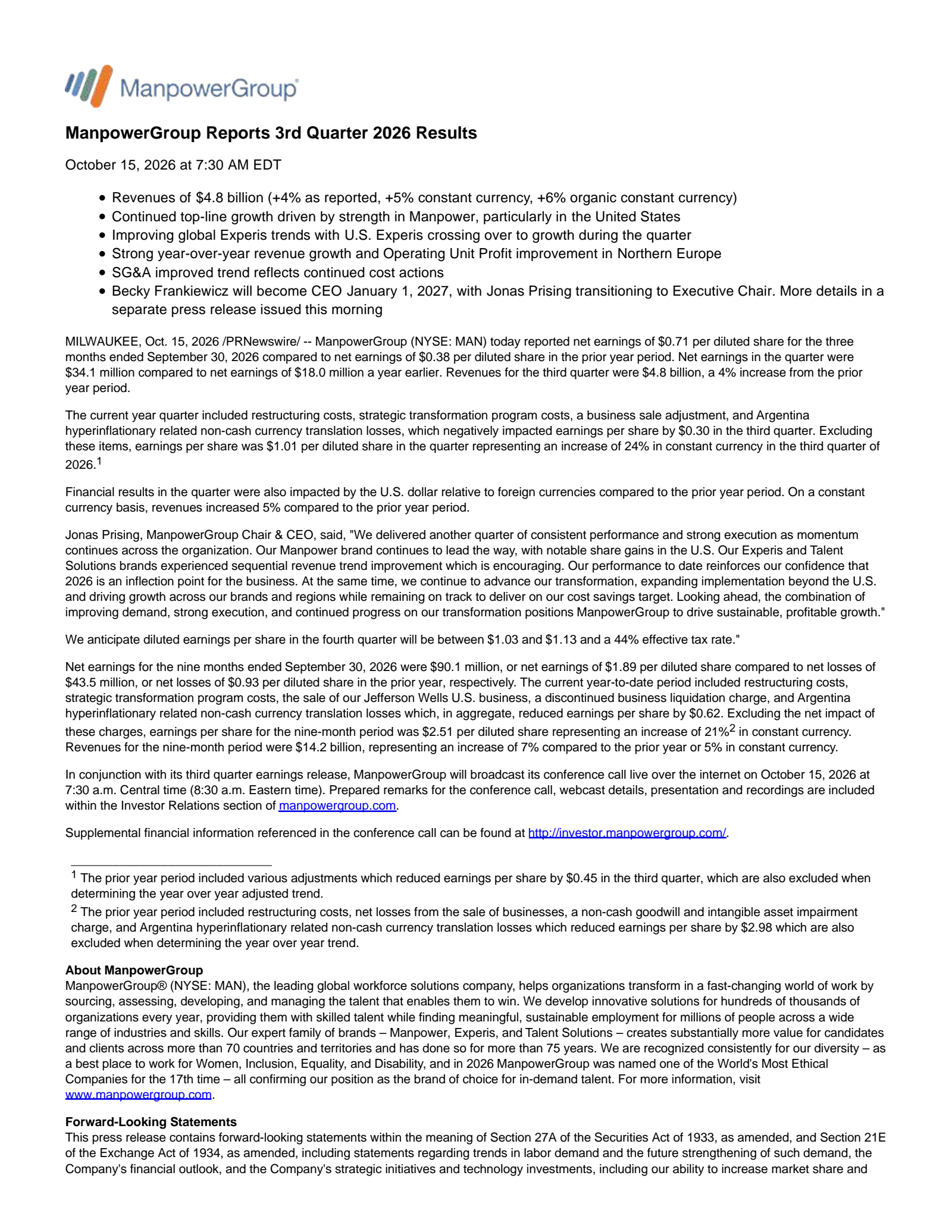ManpowerGroup's Q3 2026 Press Release