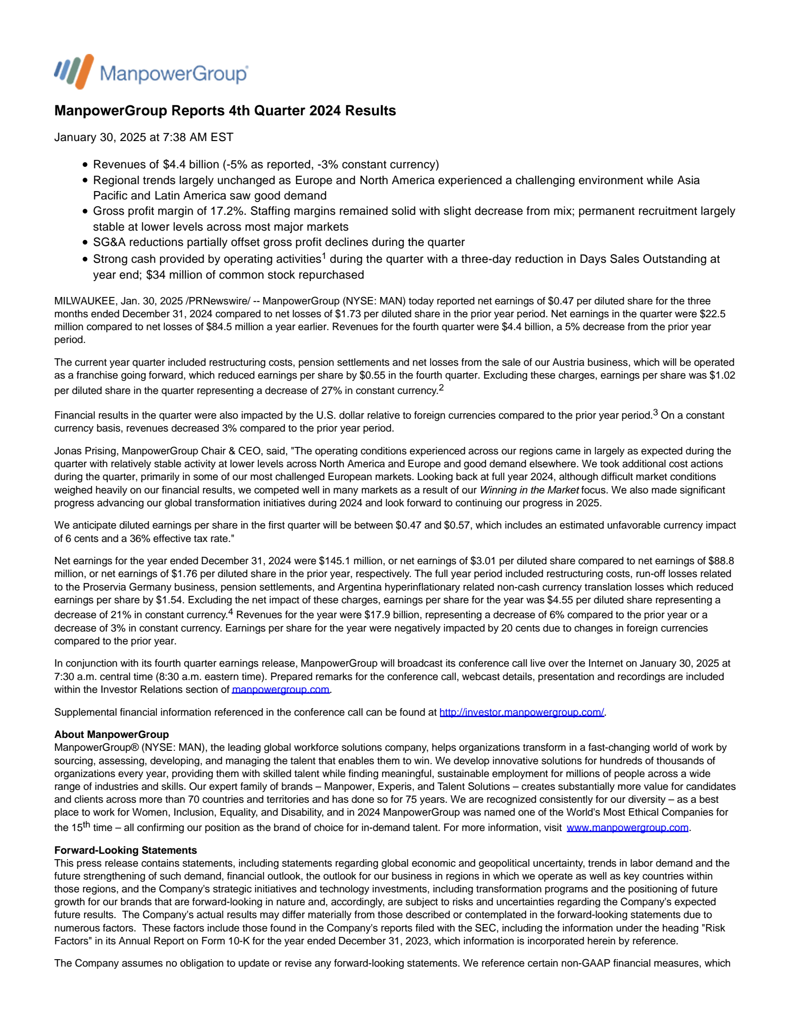 ManpowerGroup's Q4 2024 Press Release