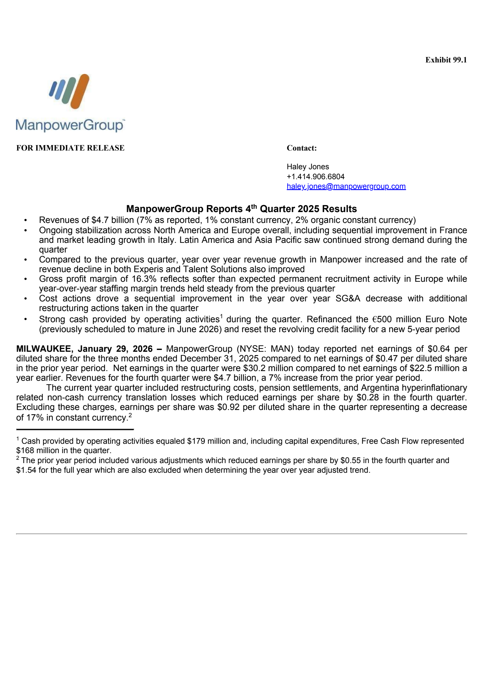 ManpowerGroup's Q4 2025 Press Release