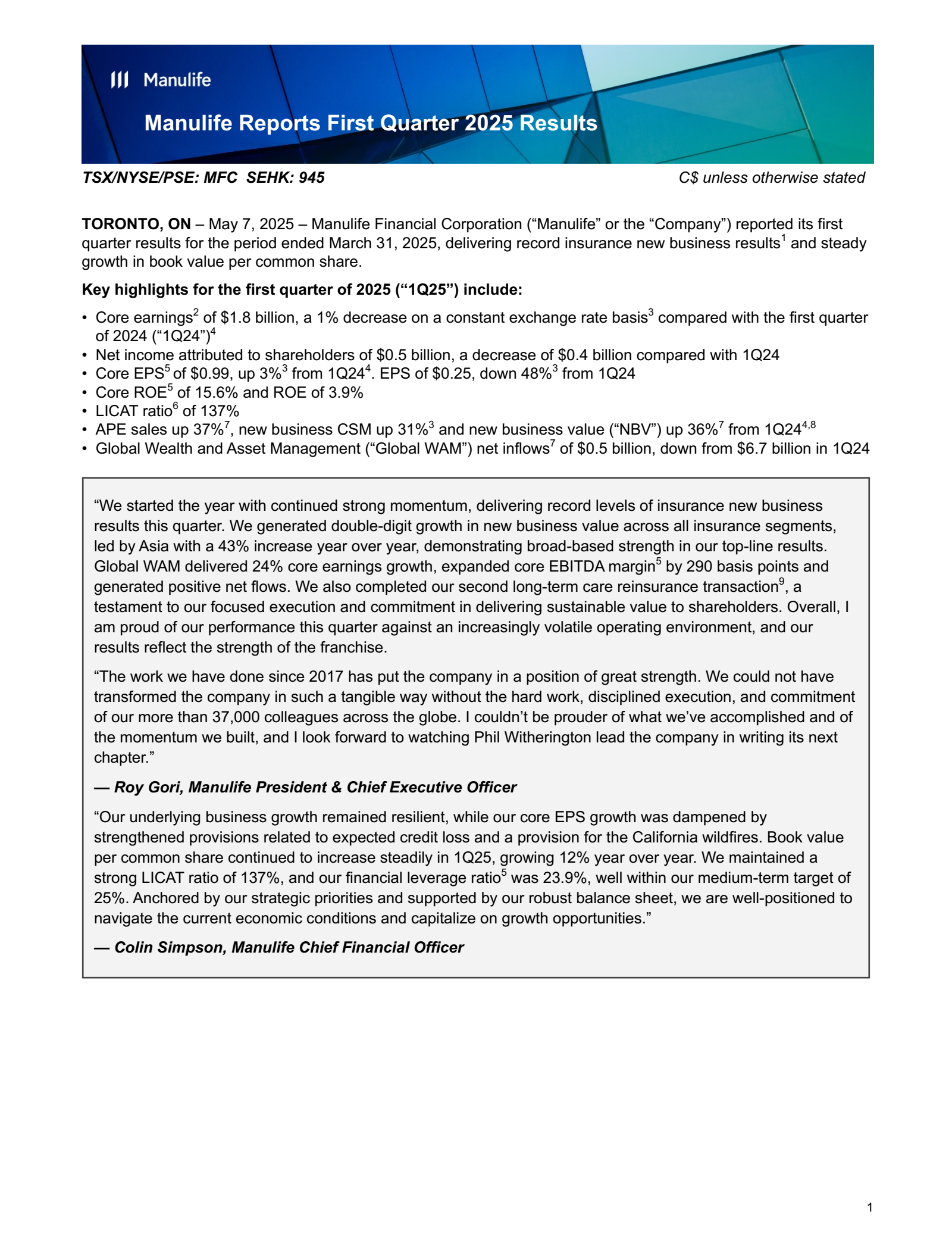 Manulife Financial's Q1 2025 Press Release