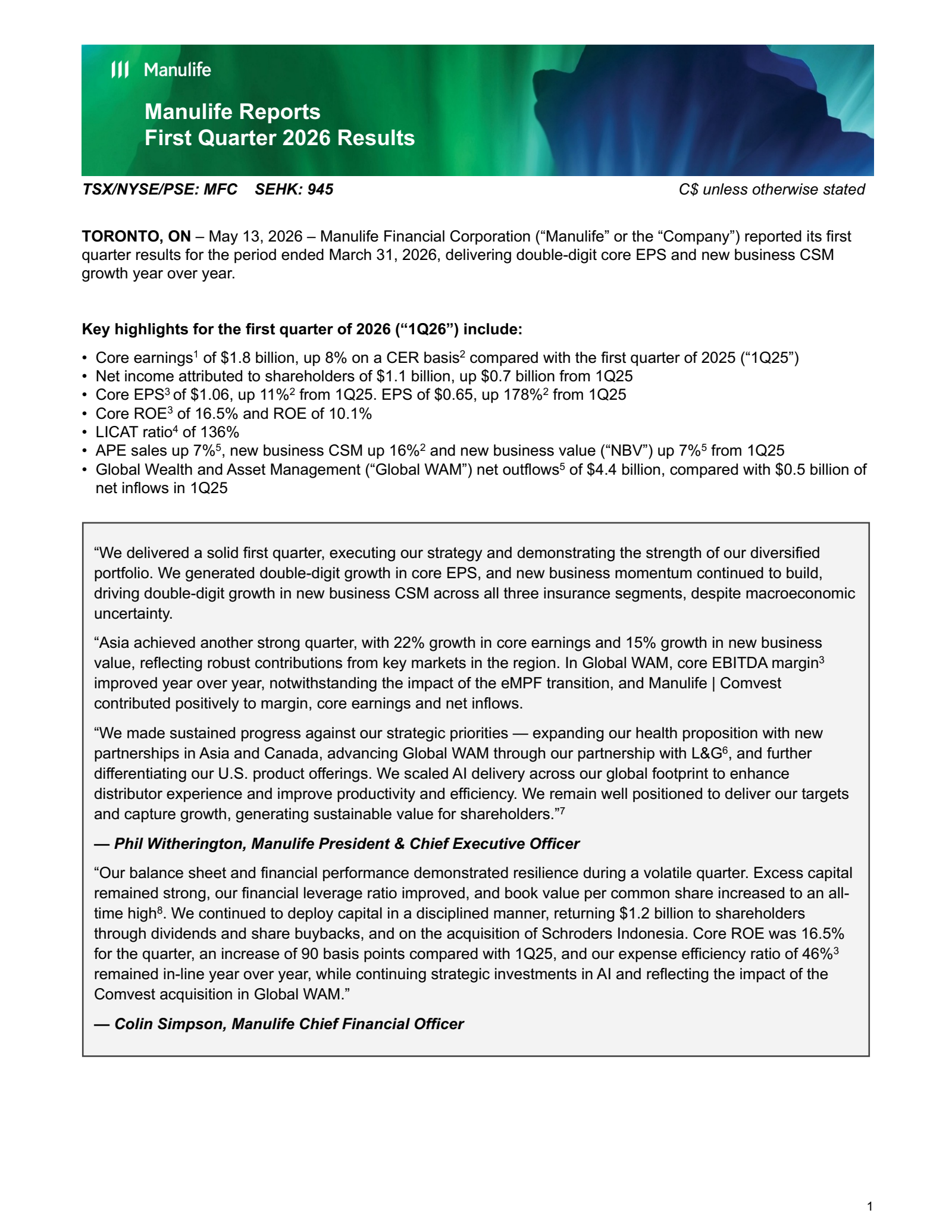 Manulife Financial's Q1 2026 Press Release