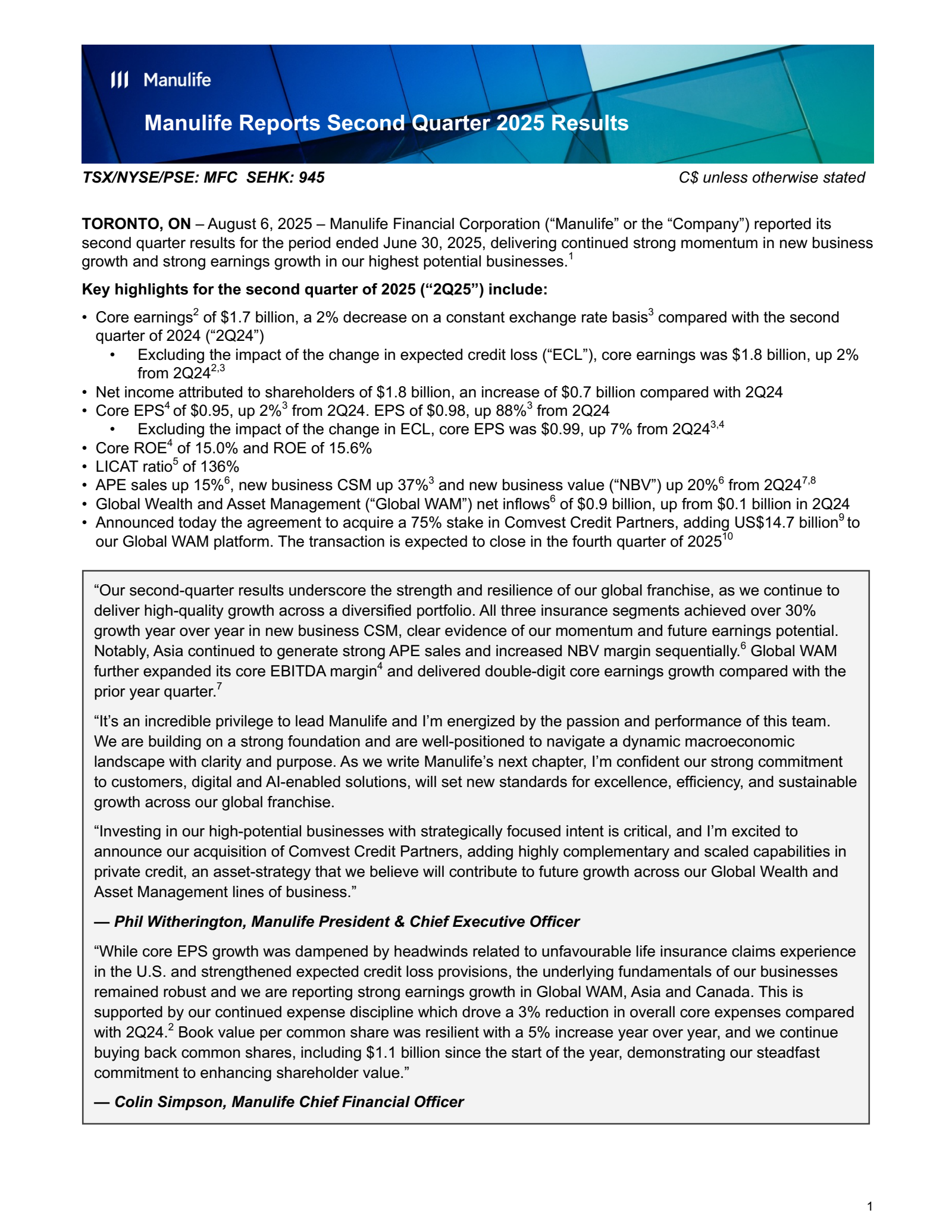 Manulife Financial's Q2 2025 Press Release