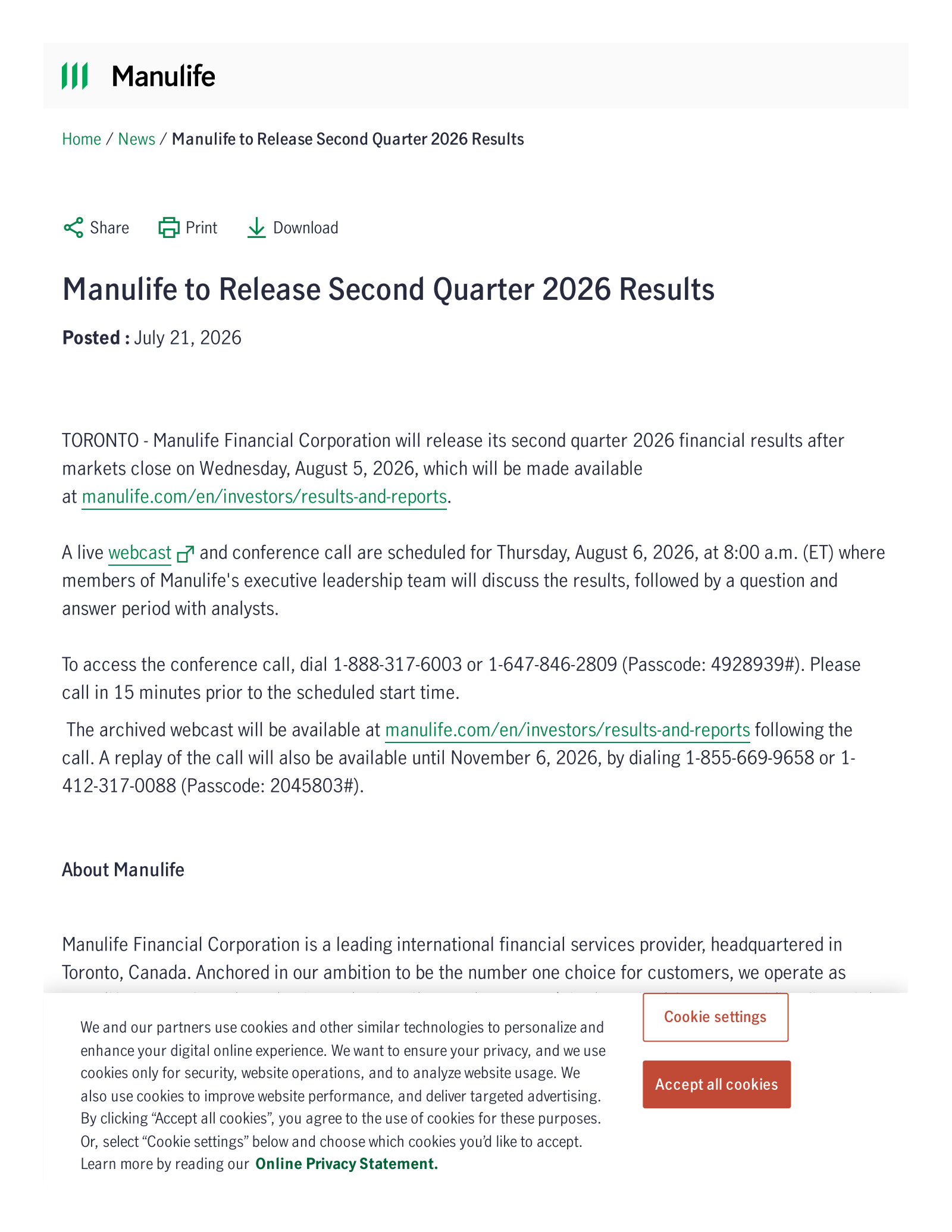 Manulife Financial's Q2 2026 Press Release