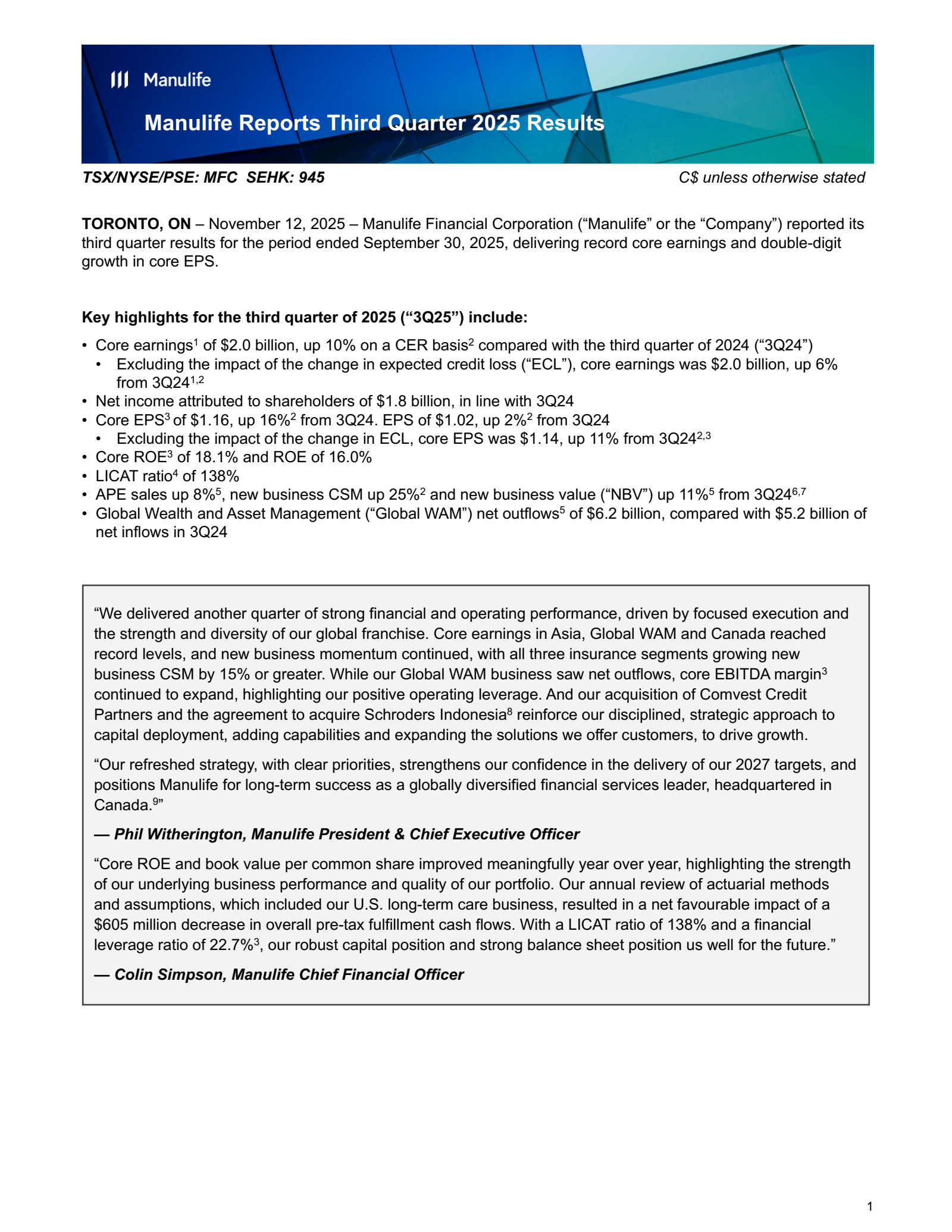 Manulife Financial's Q3 2025 Earnings Release