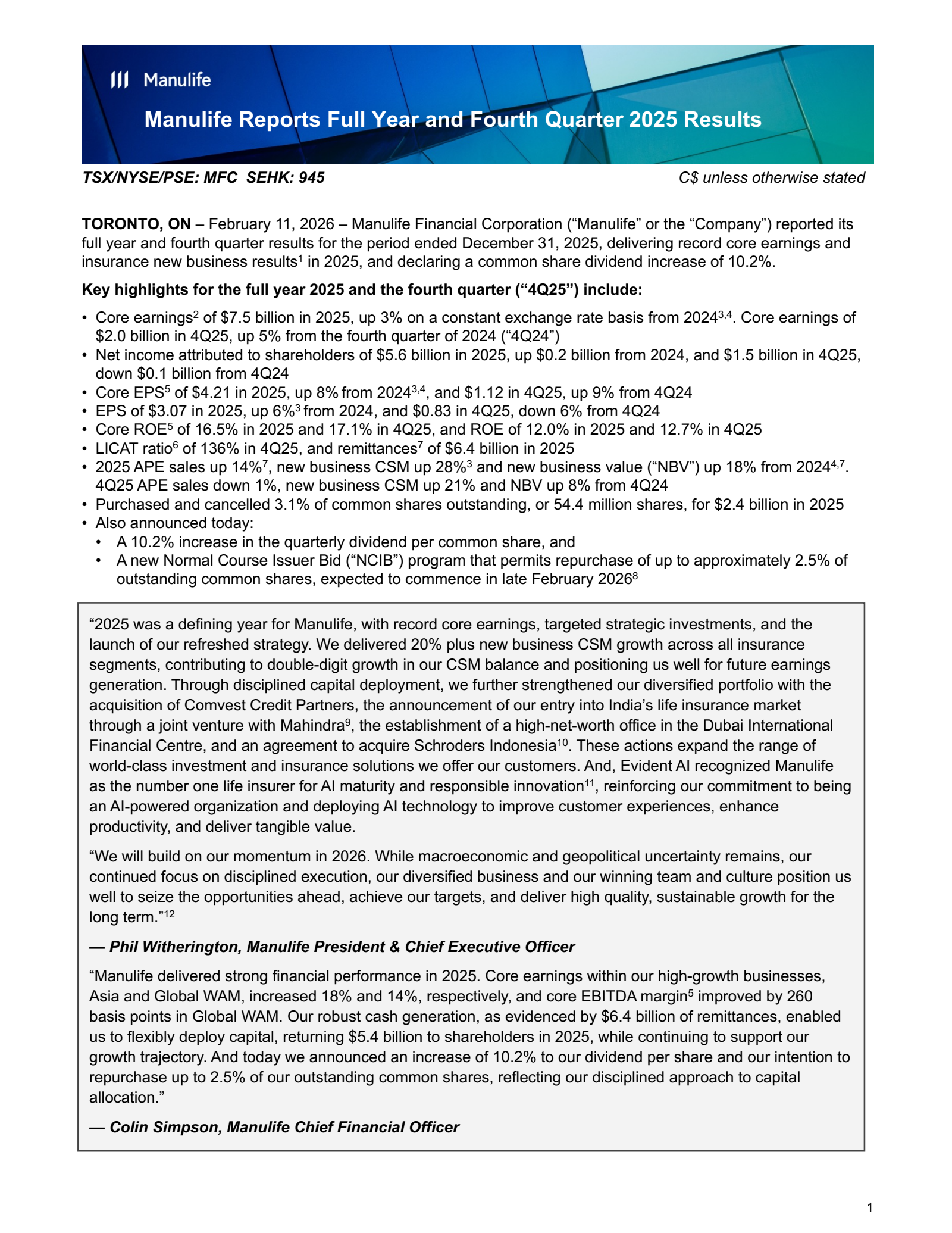Manulife Financial's Q4 2025 Press Release