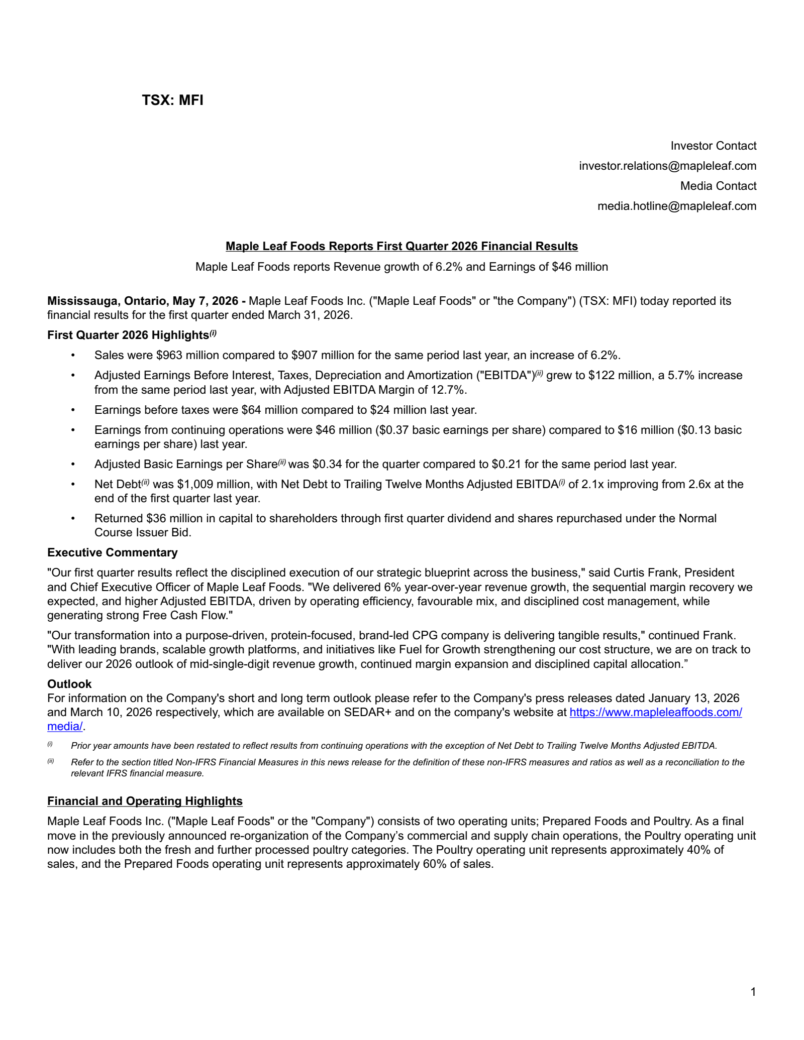 Maple Leaf Foods' Q1 2026 Press Release