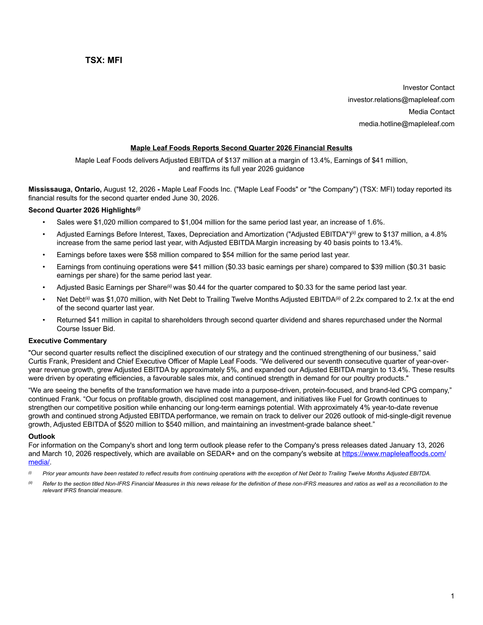 Maple Leaf Foods' Q2 2026 Press Release