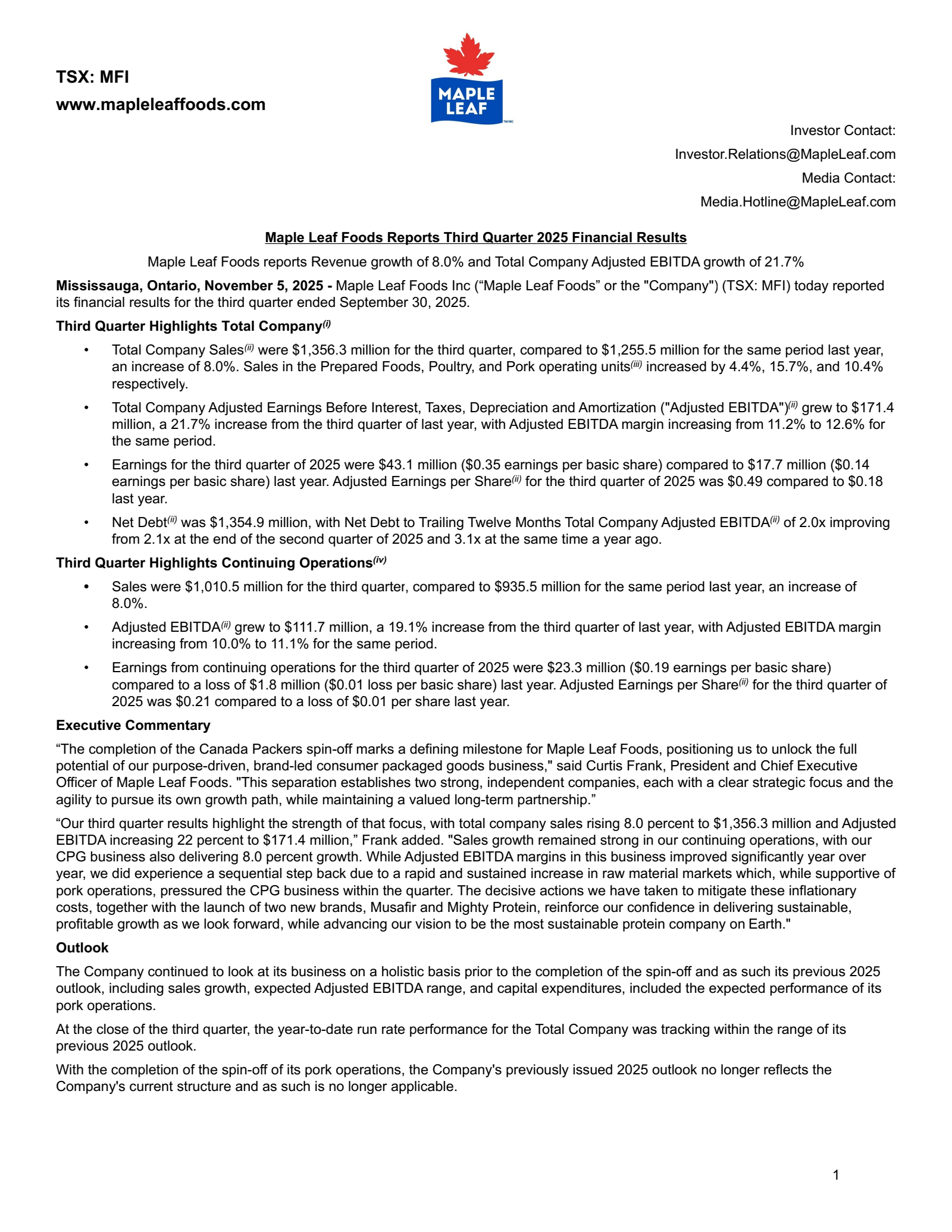 Maple Leaf Foods' Q3 2025 Earnings Release