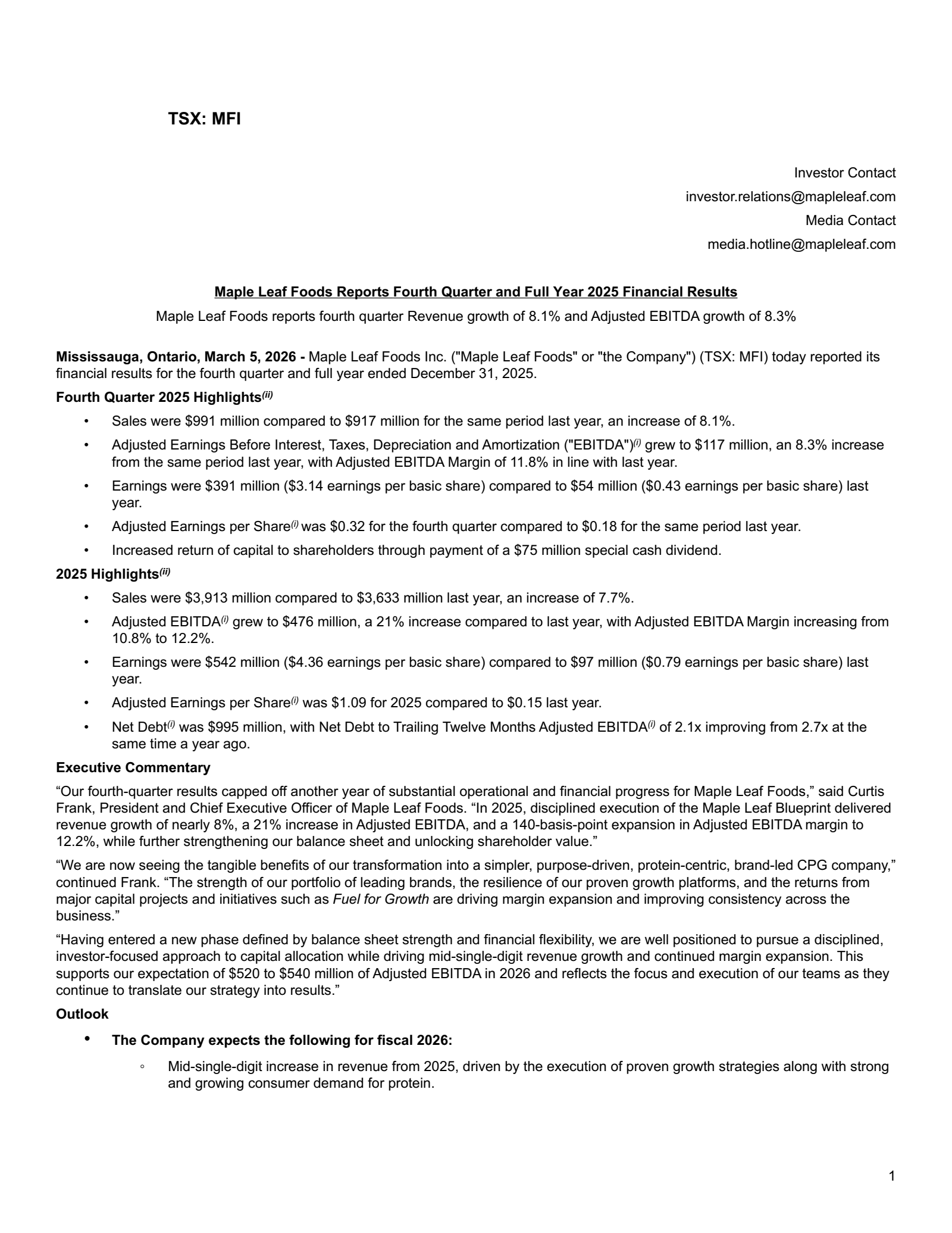 Maple Leaf Foods' Q4 2025 Press Release