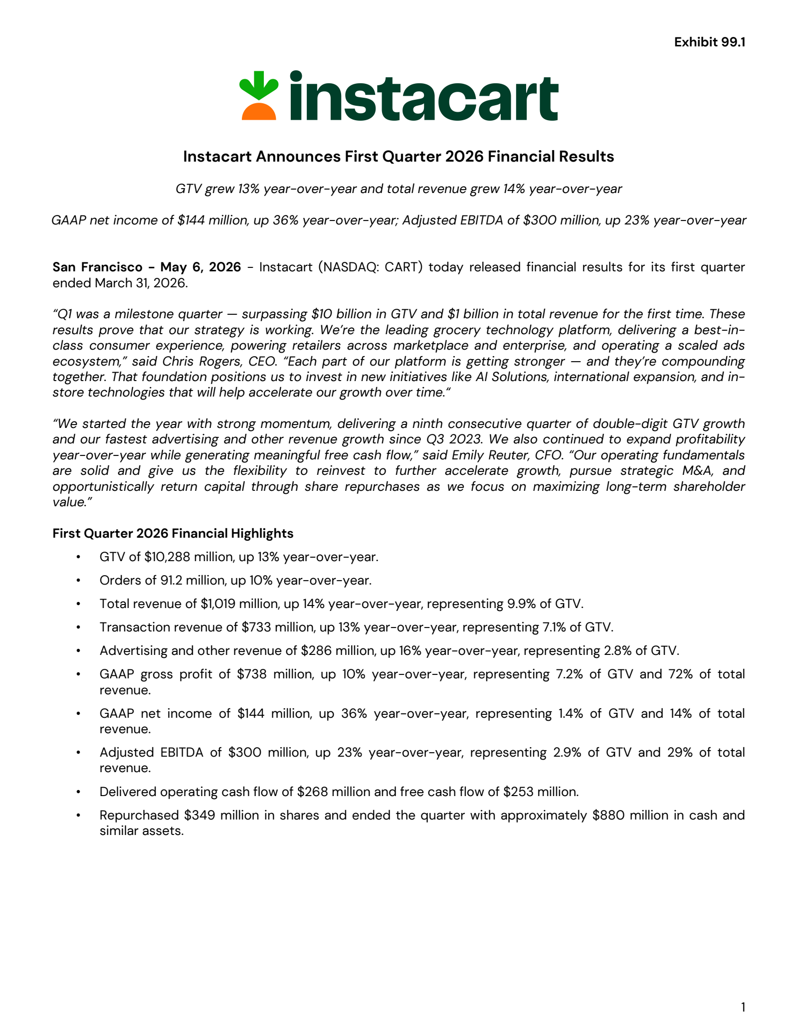 Maplebear's Q1 2026 Press Release