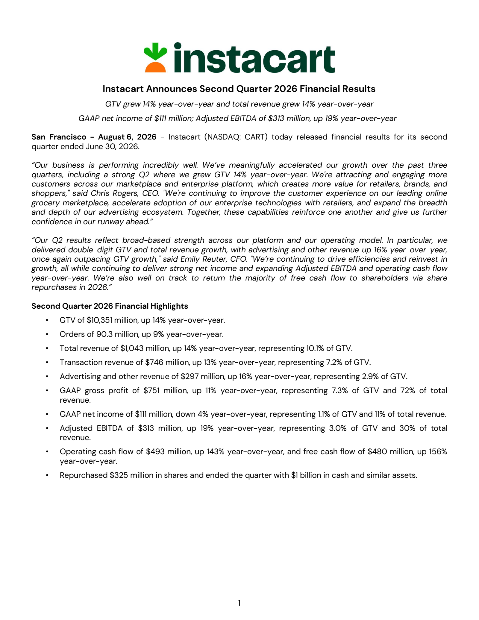 Maplebear's Q2 2026 Press Release