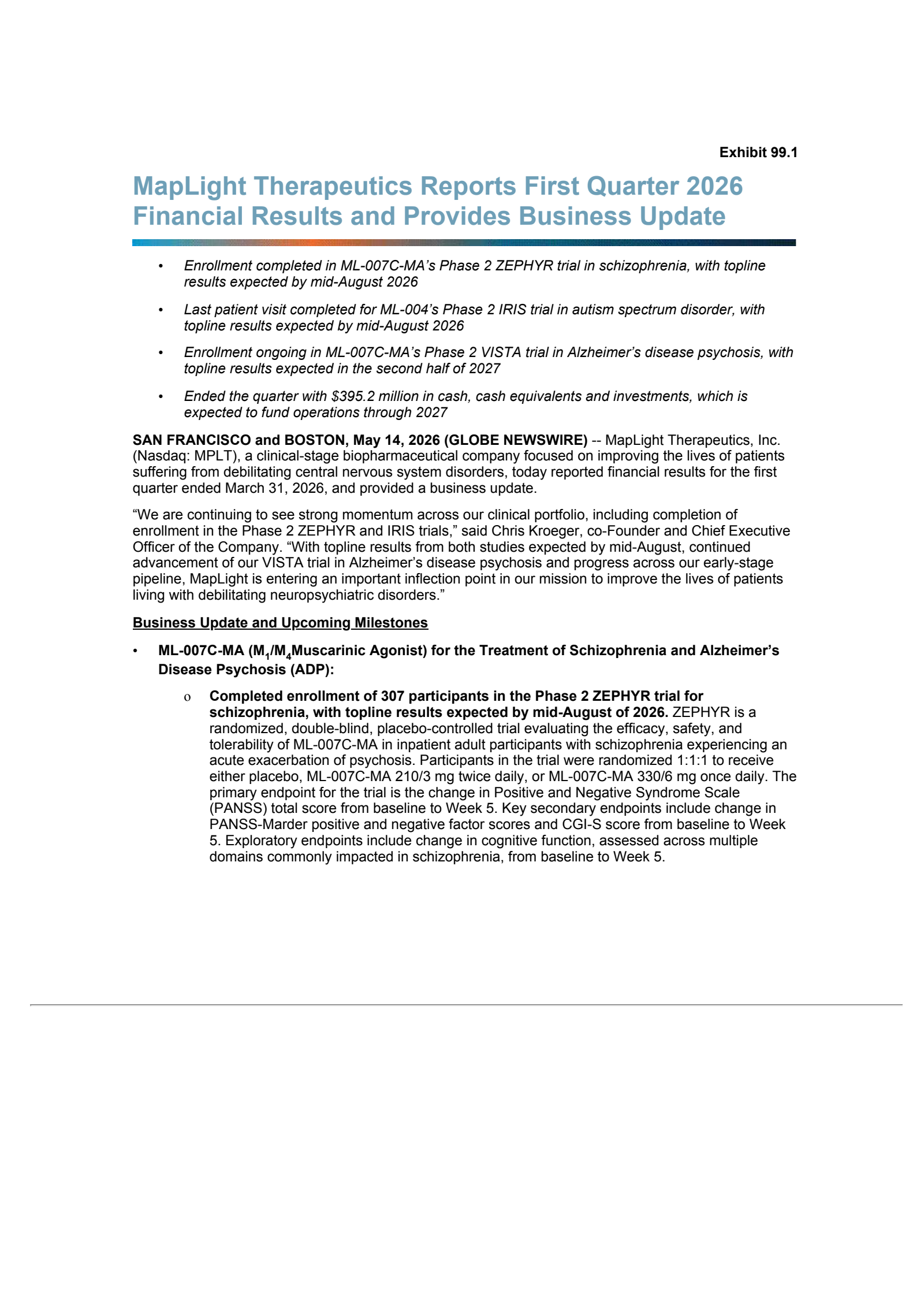 Maplight Therapeutics' Q1 2026 Press Release