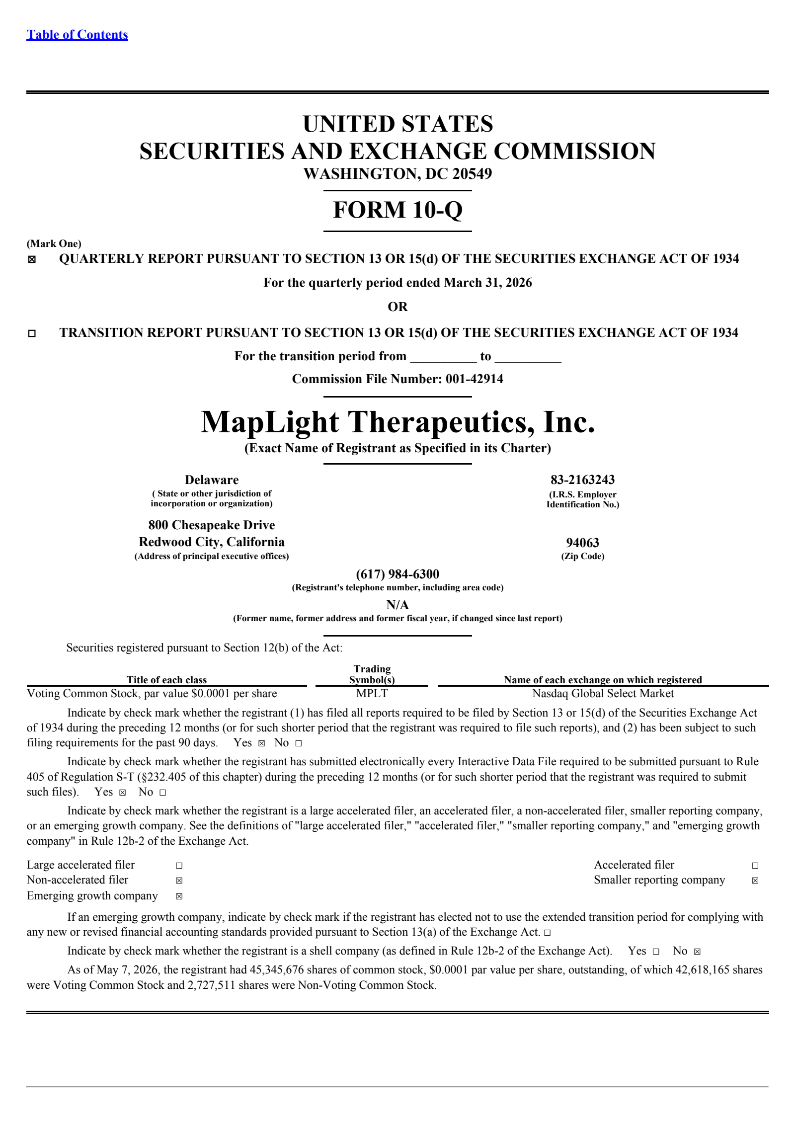 Maplight Therapeutics' Q1 2026 Quarterly report