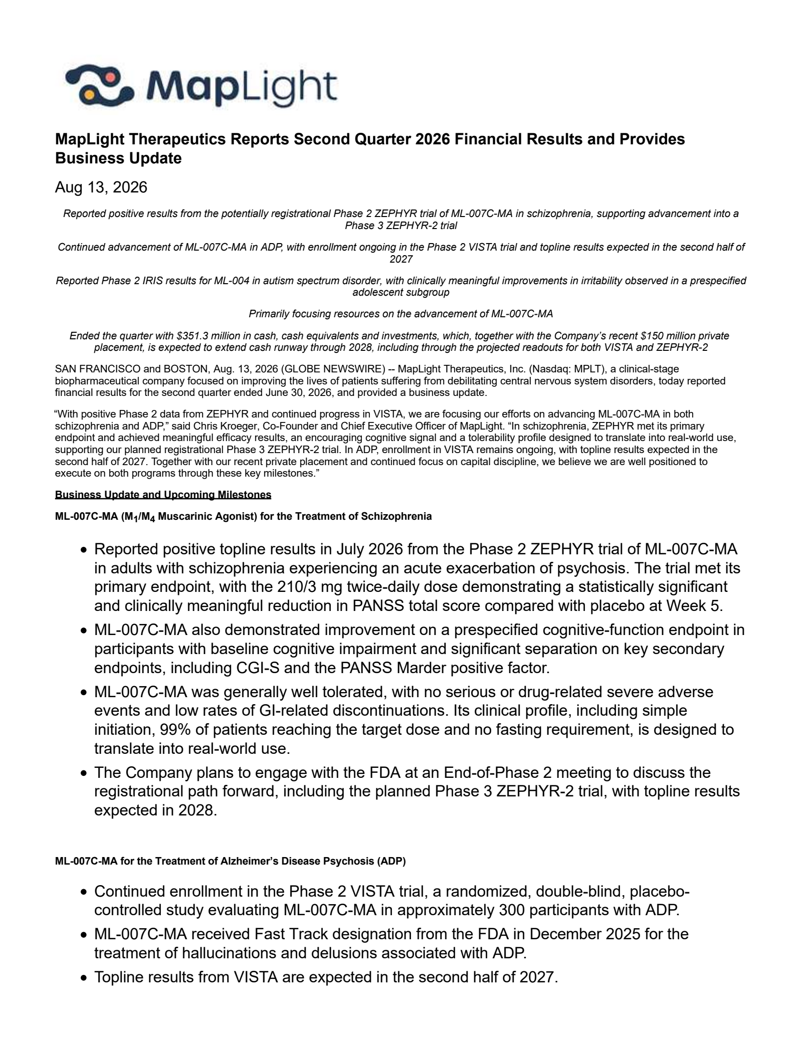 Maplight Therapeutics' Q2 2026 Press Release