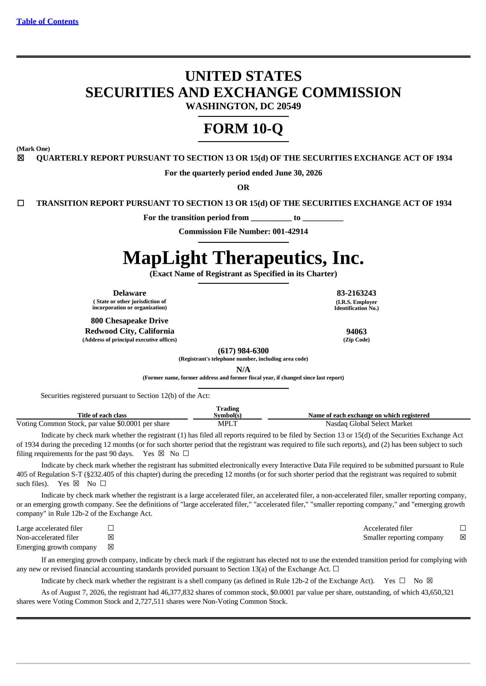Maplight Therapeutics' Q2 2026 Quarterly report