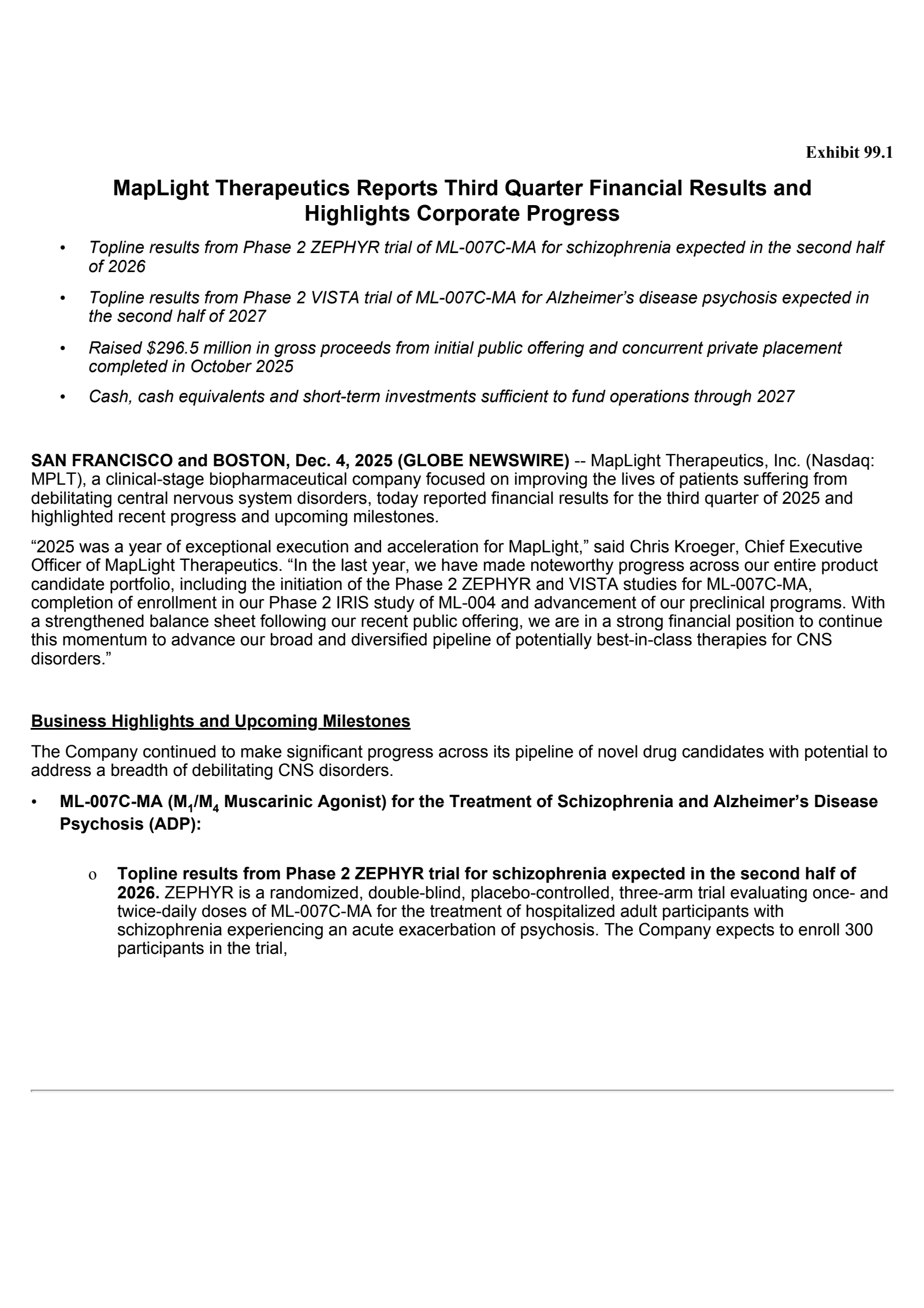 Maplight Therapeutics' Q3 2025 Earnings Release