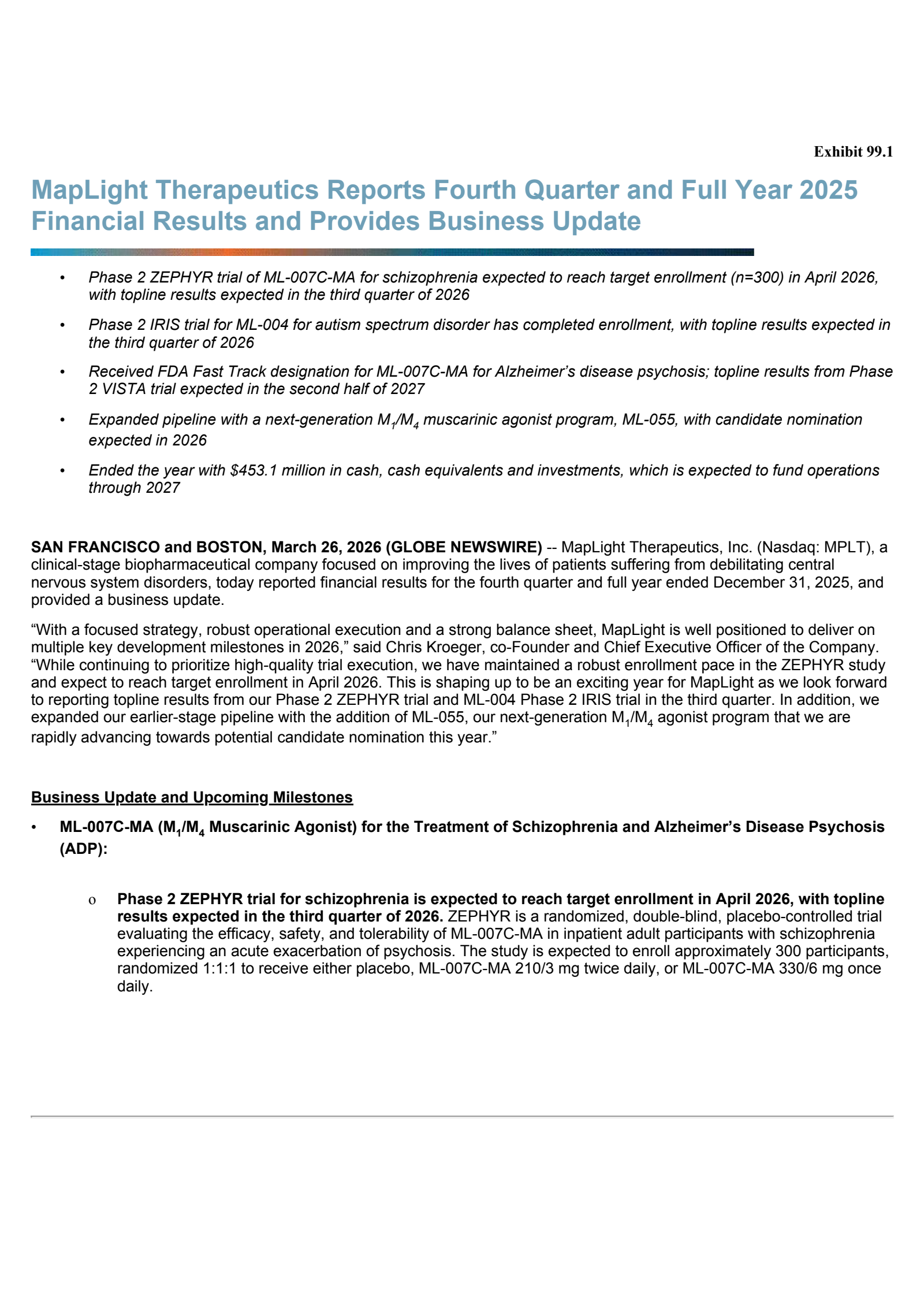 Maplight Therapeutics' Q4 2025 Press Release