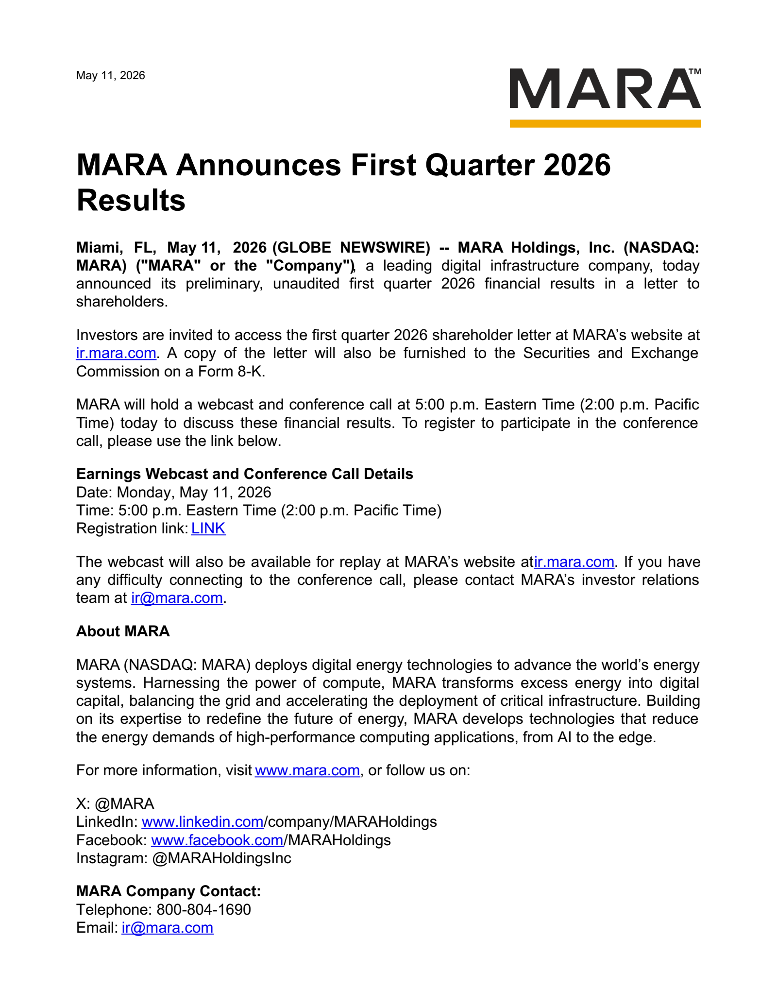 Marathon Digital's Q1 2026 Press Release