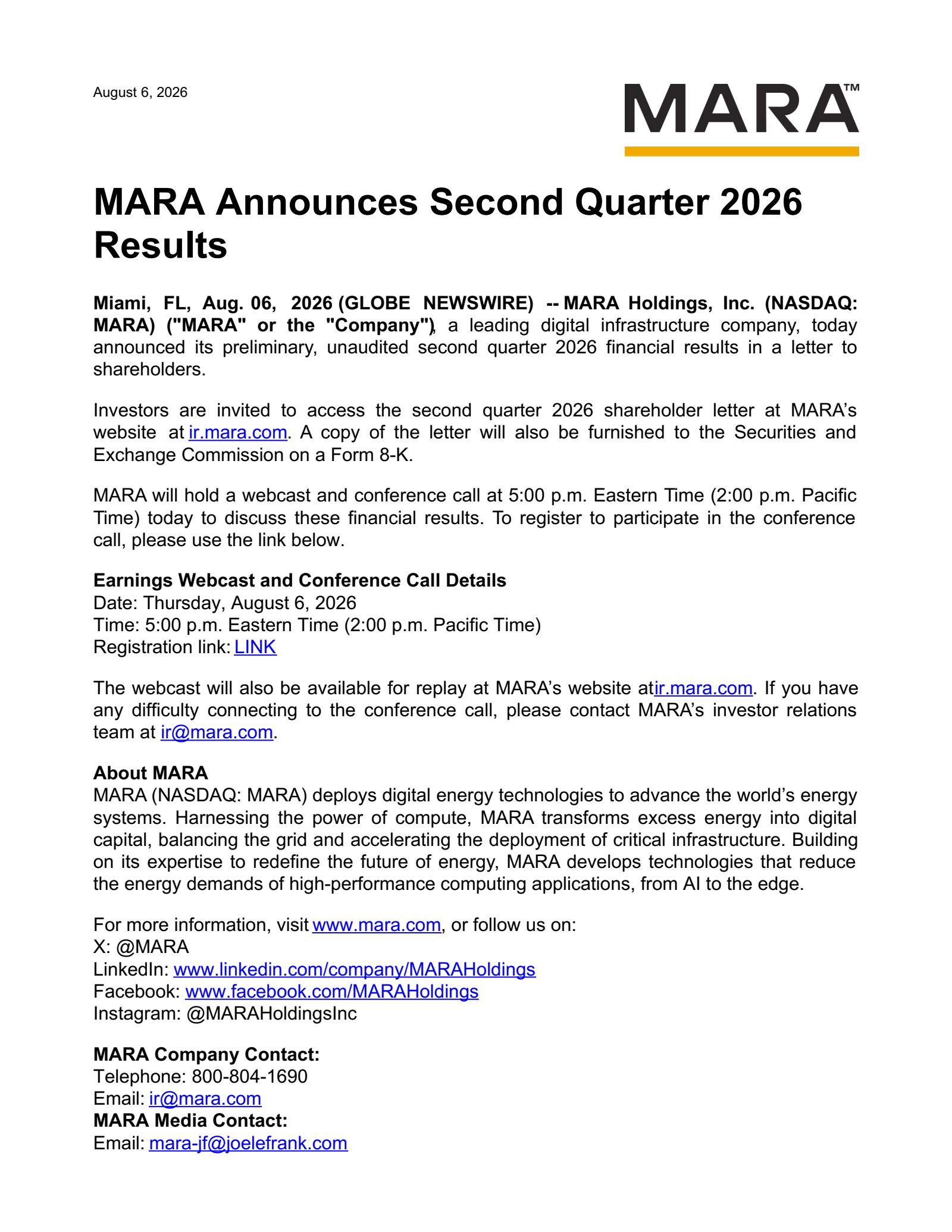 Marathon Digital's Q2 2026 Press Release