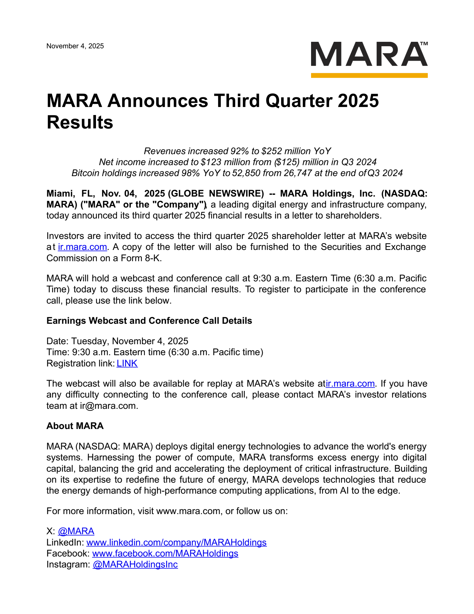 Marathon Digital's Q3 2025 Earnings Release