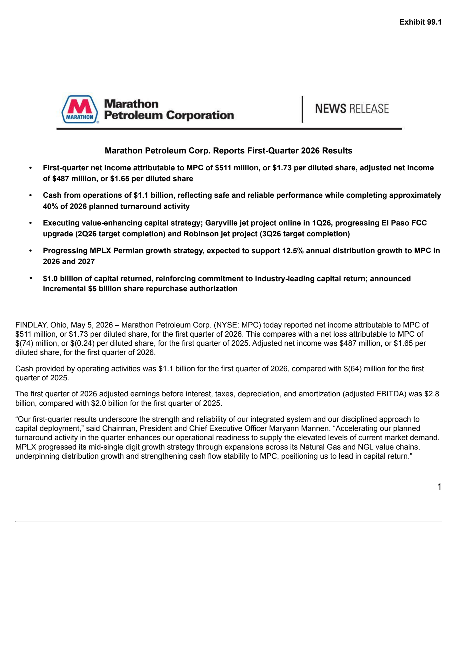 Marathon Petroleum's Q1 2026 Press Release