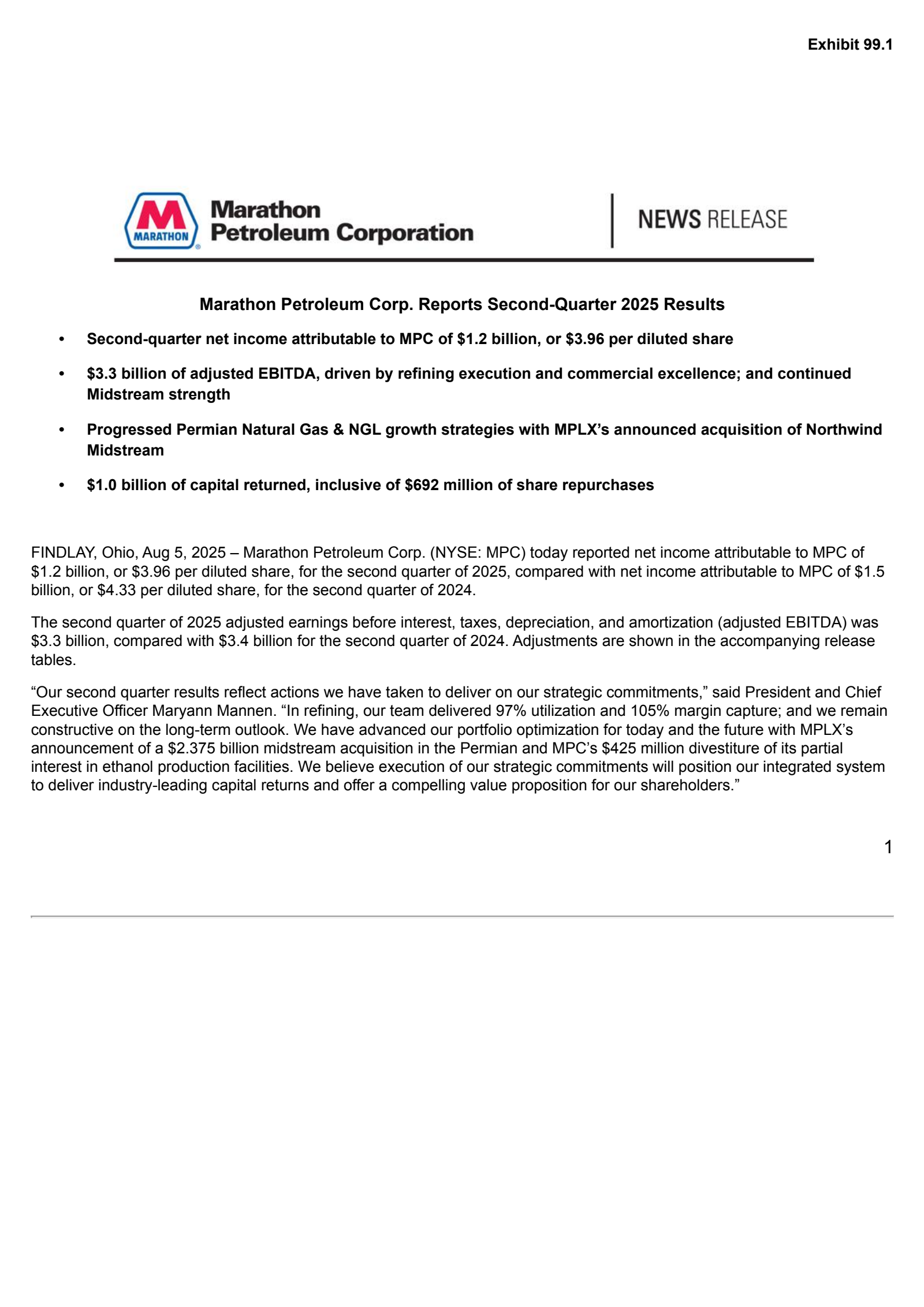 Marathon Petroleum's Q2 2025 Press Release