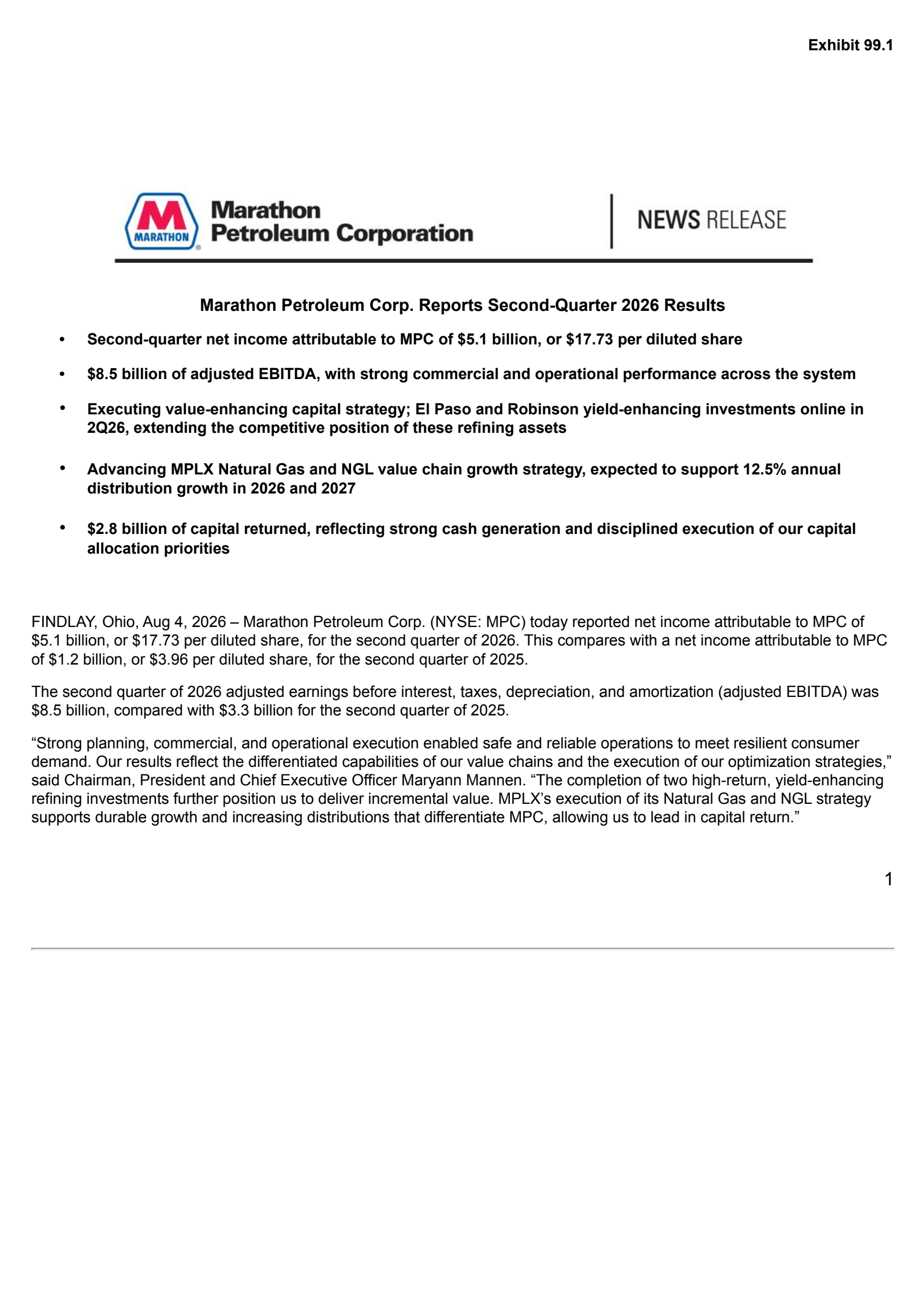 Marathon Petroleum's Q2 2026 Press Release