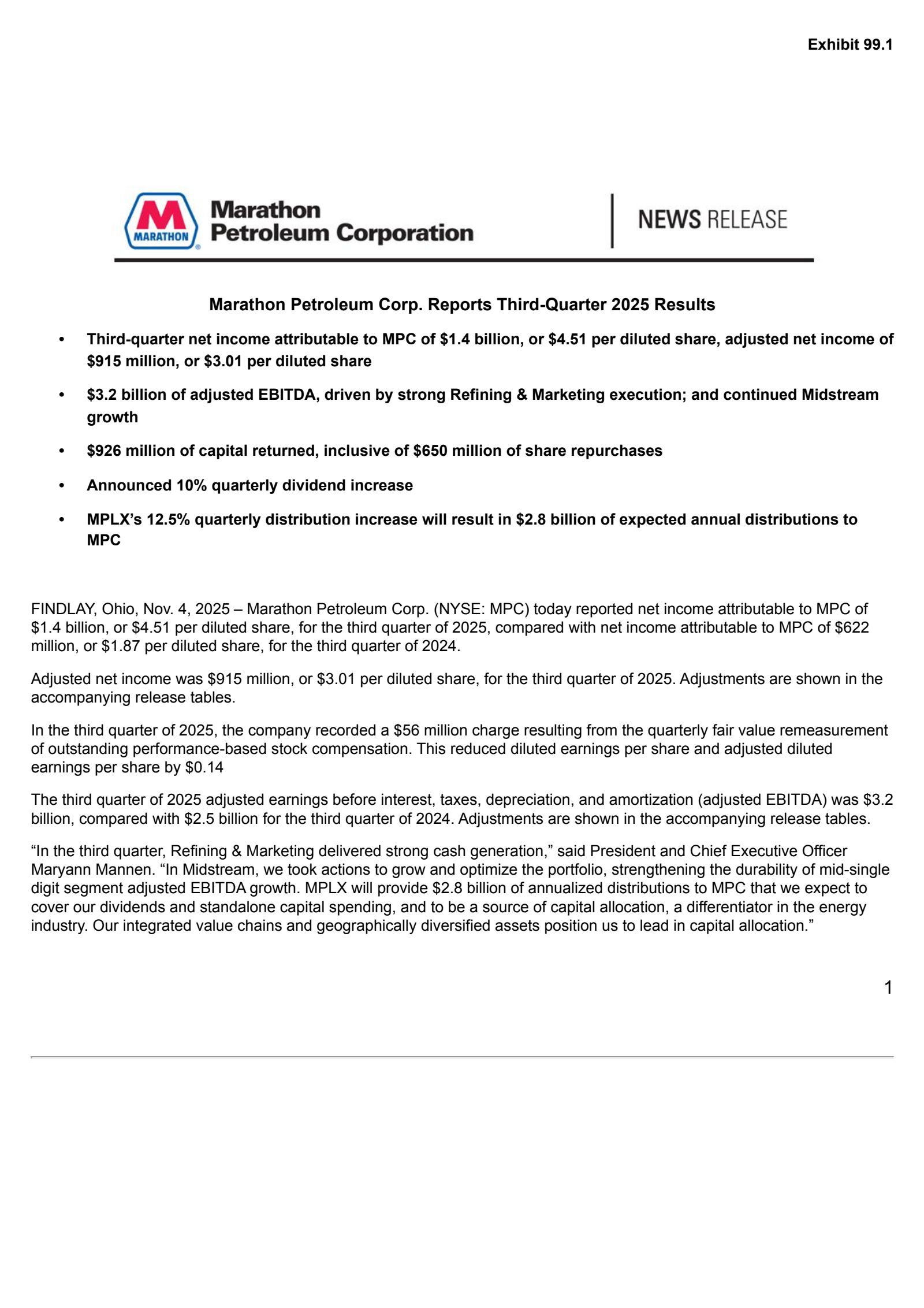 Marathon Petroleum's Q3 2025 Earnings Release