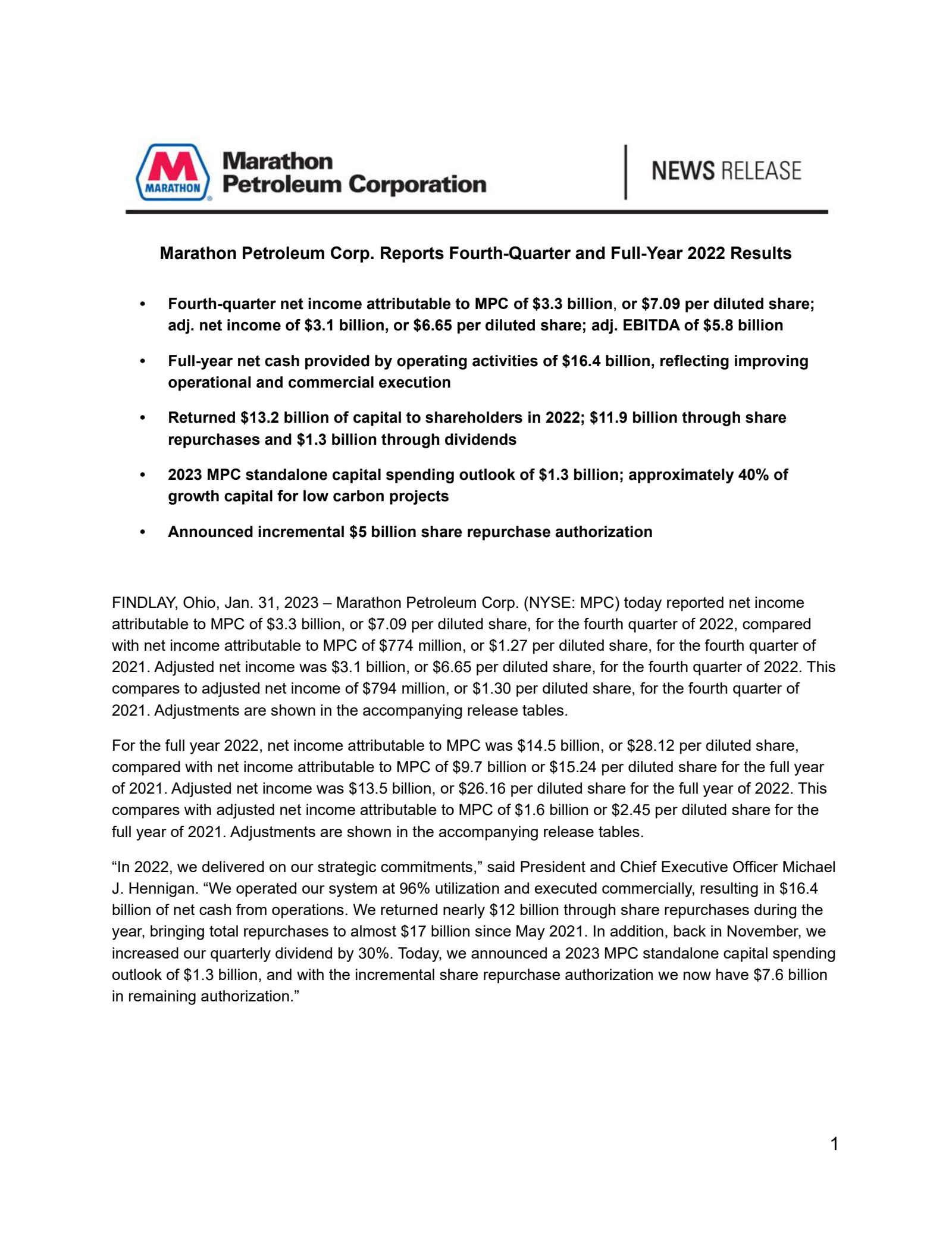 Marathon Petroleum's Q4 2022 Earnings Release