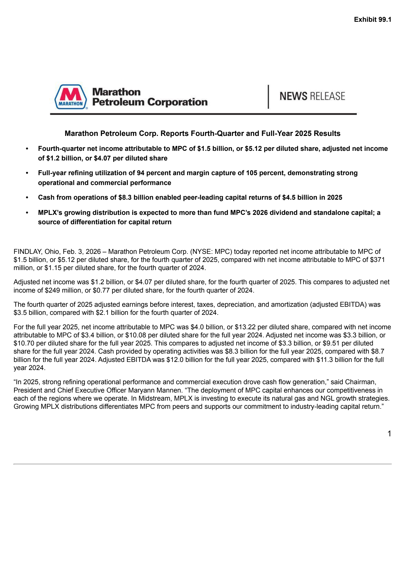 Marathon Petroleum's Q4 2025 Press Release