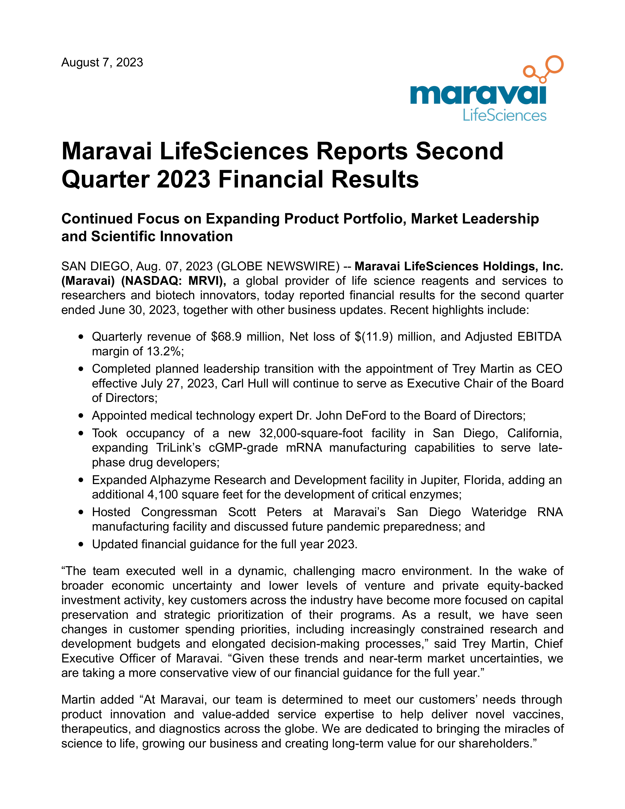 Maravai LifeSciences' Q2 2023 Press Release
