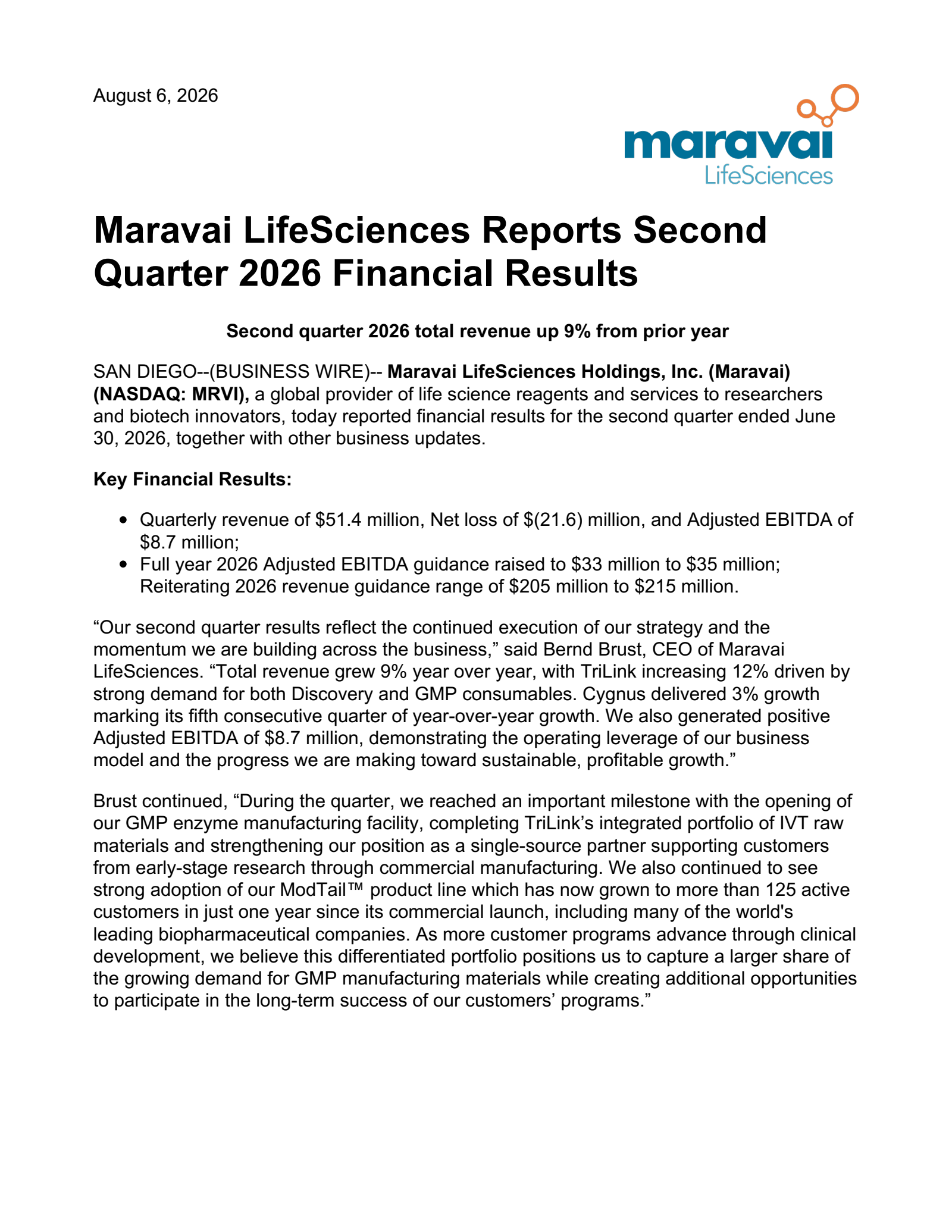 Maravai LifeSciences' Q2 2026 Press Release