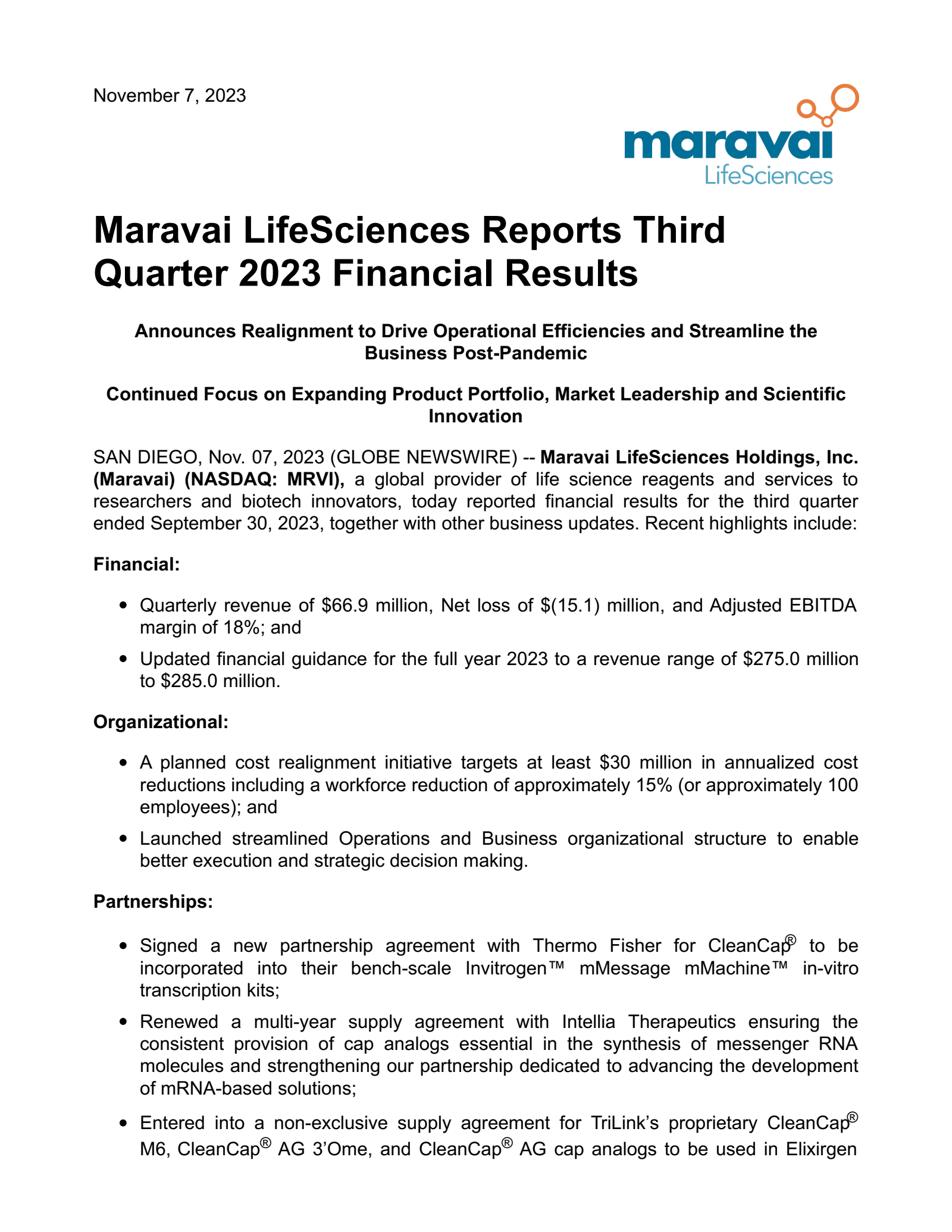 Maravai LifeSciences' Q3 2023 Press Release