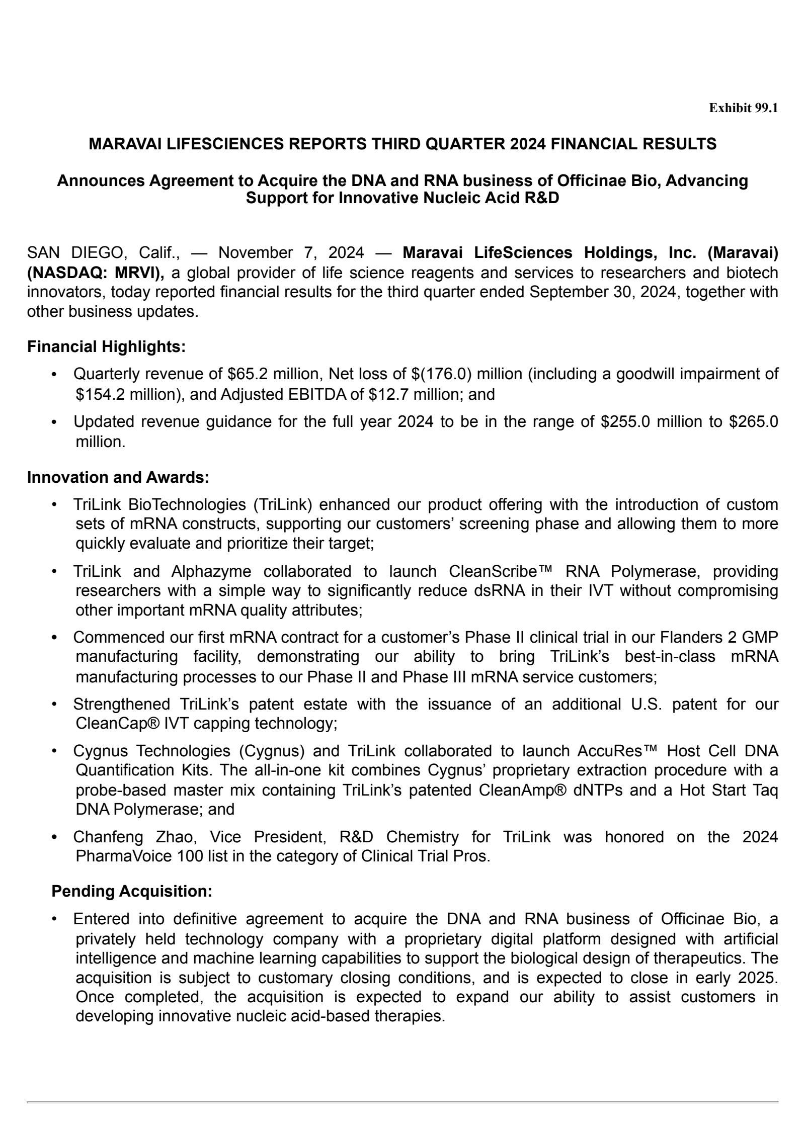 Maravai LifeSciences' Q3 2024 Press Release