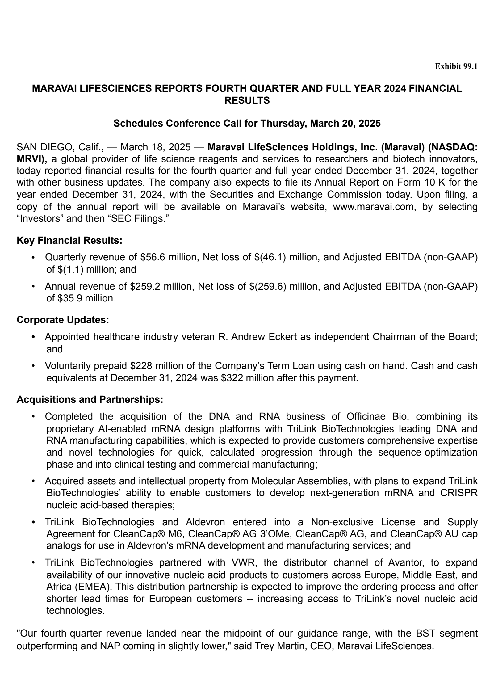 Maravai LifeSciences' Q4 2024 Press Release