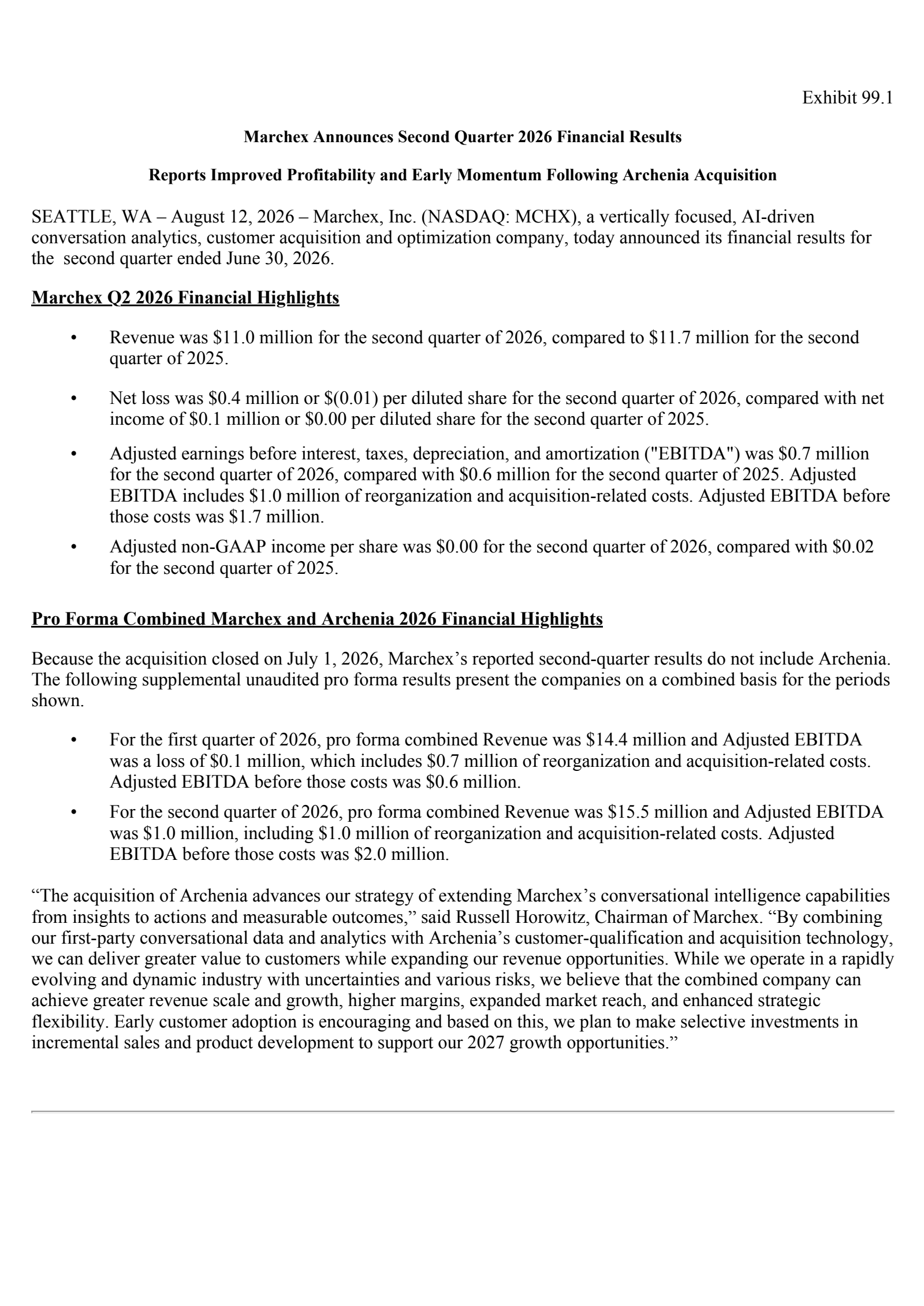 Marchex's Q2 2026 Press Release