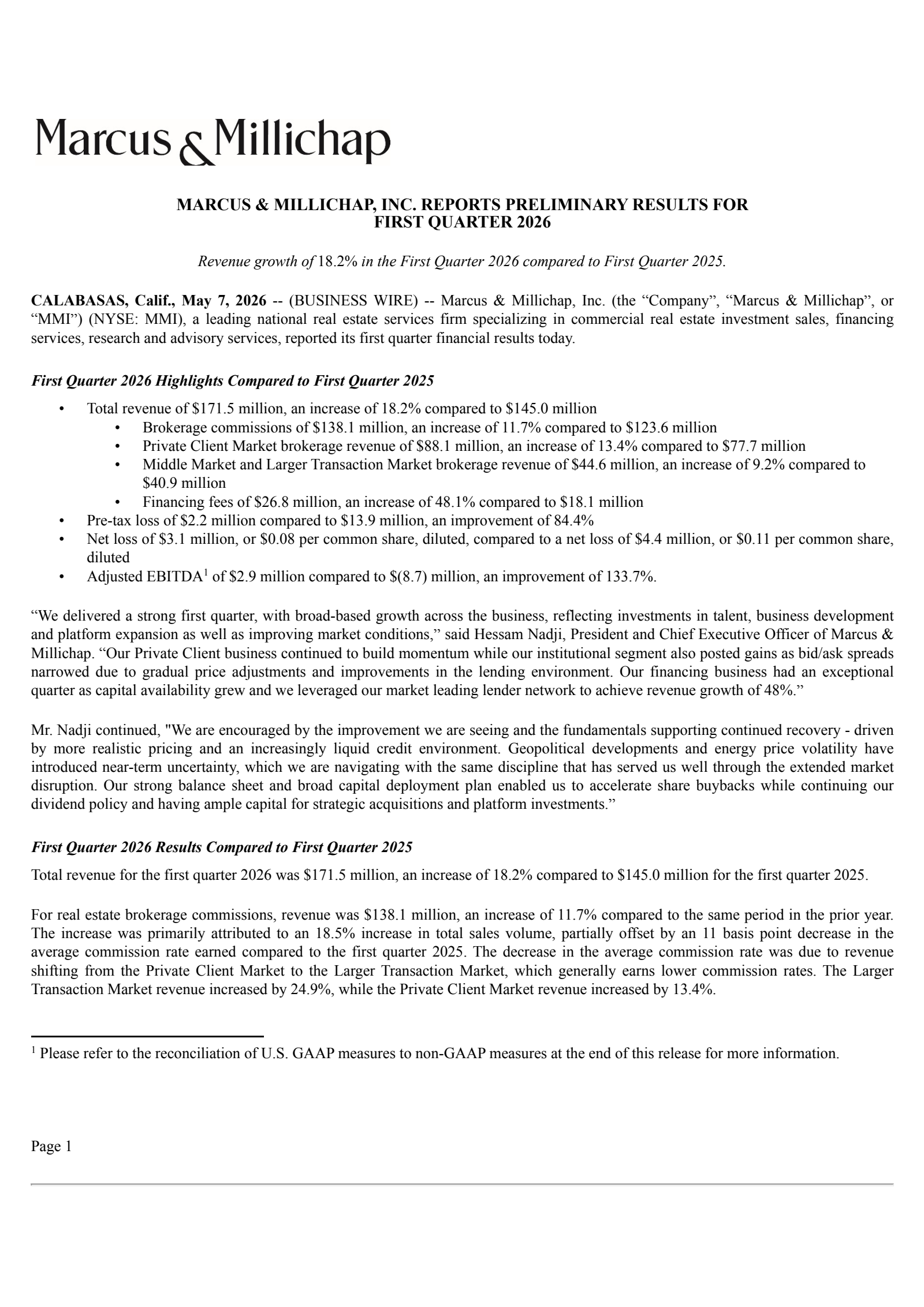 Marcus & Millichap's Q1 2026 Press Release