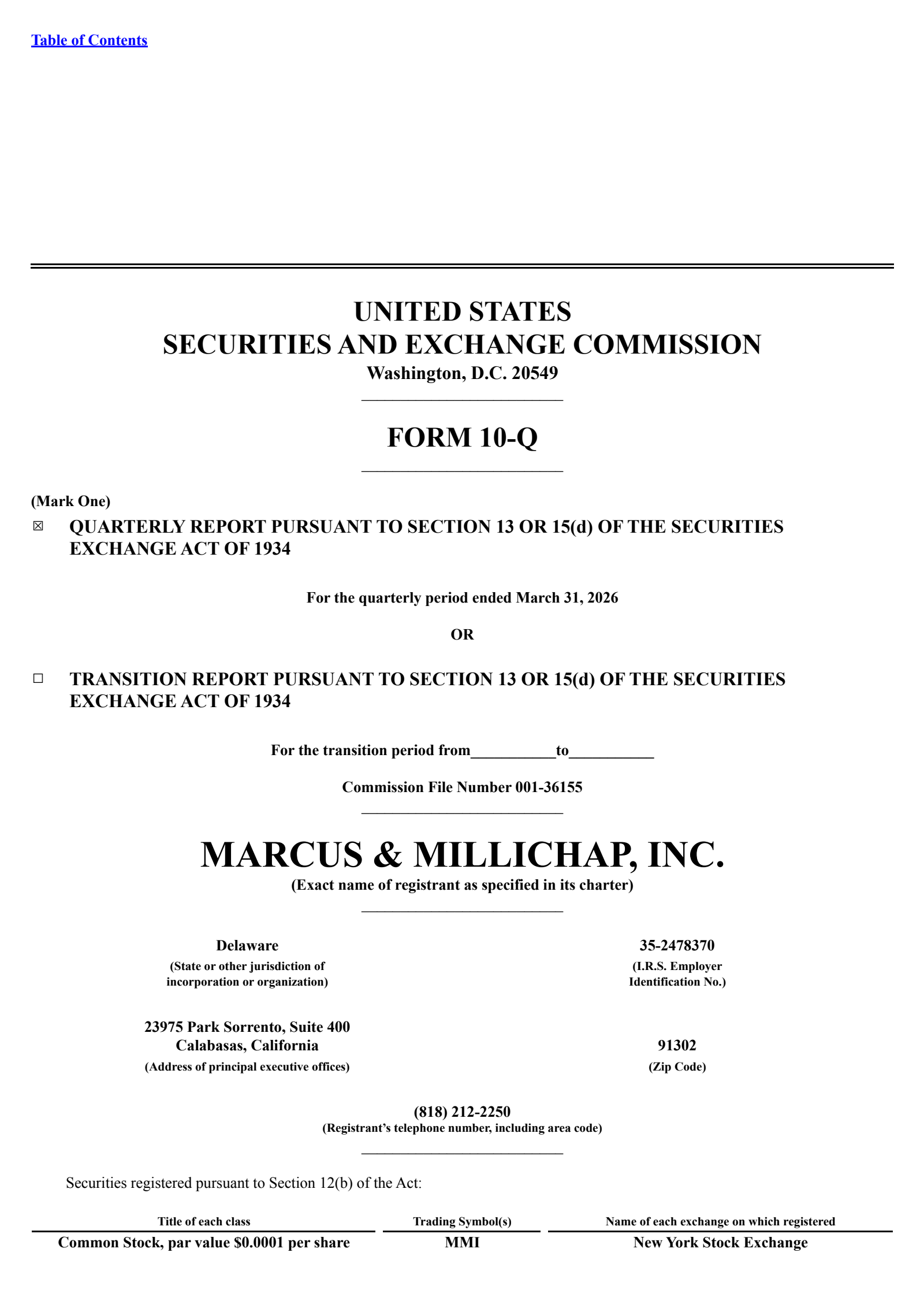 Marcus & Millichap's Q1 2026 Quarterly report
