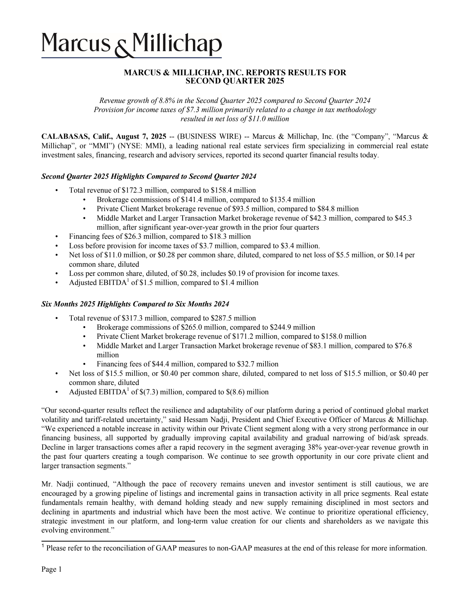Marcus & Millichap's Q2 2025 Press Release