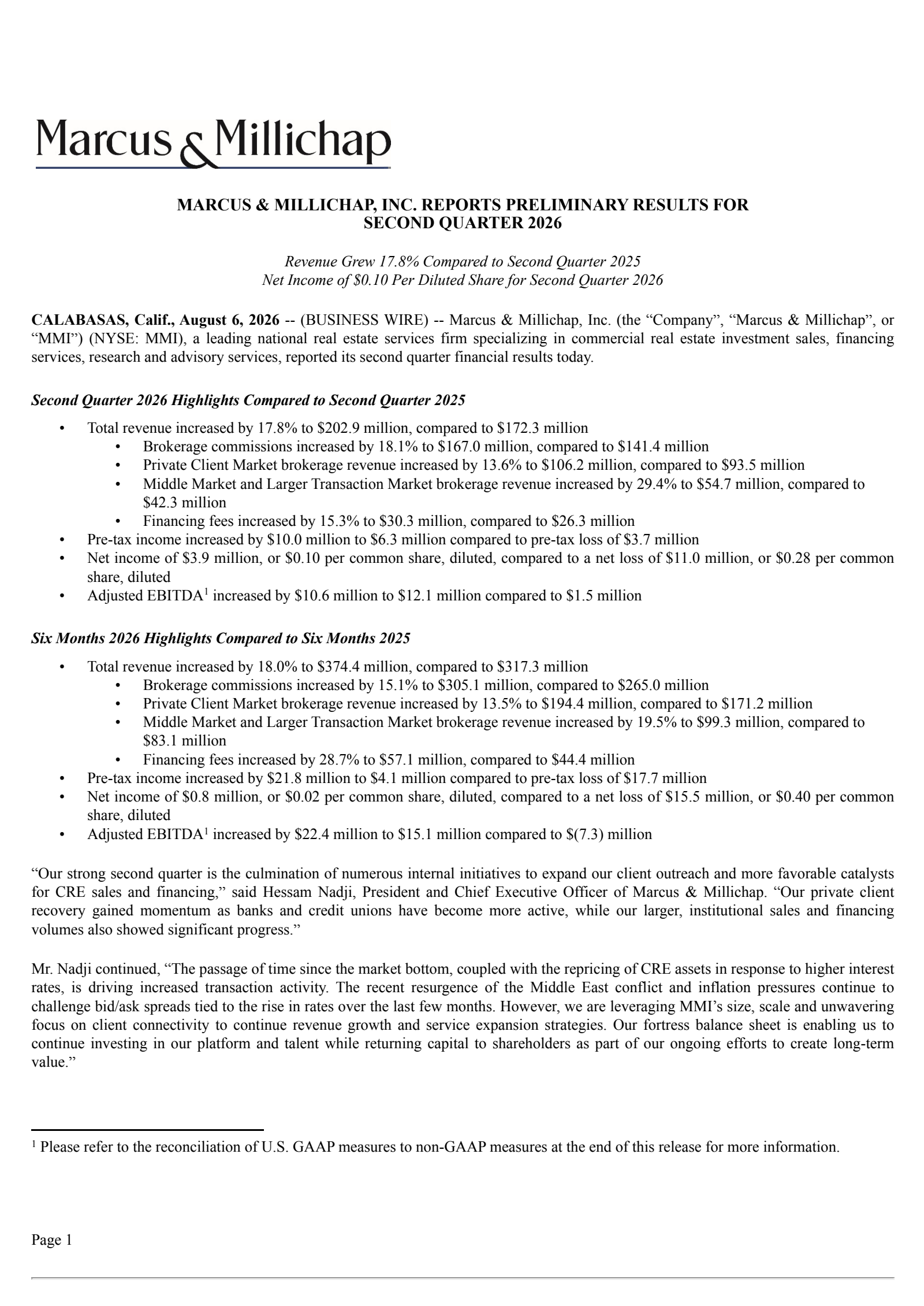 Marcus & Millichap's Q2 2026 Press Release