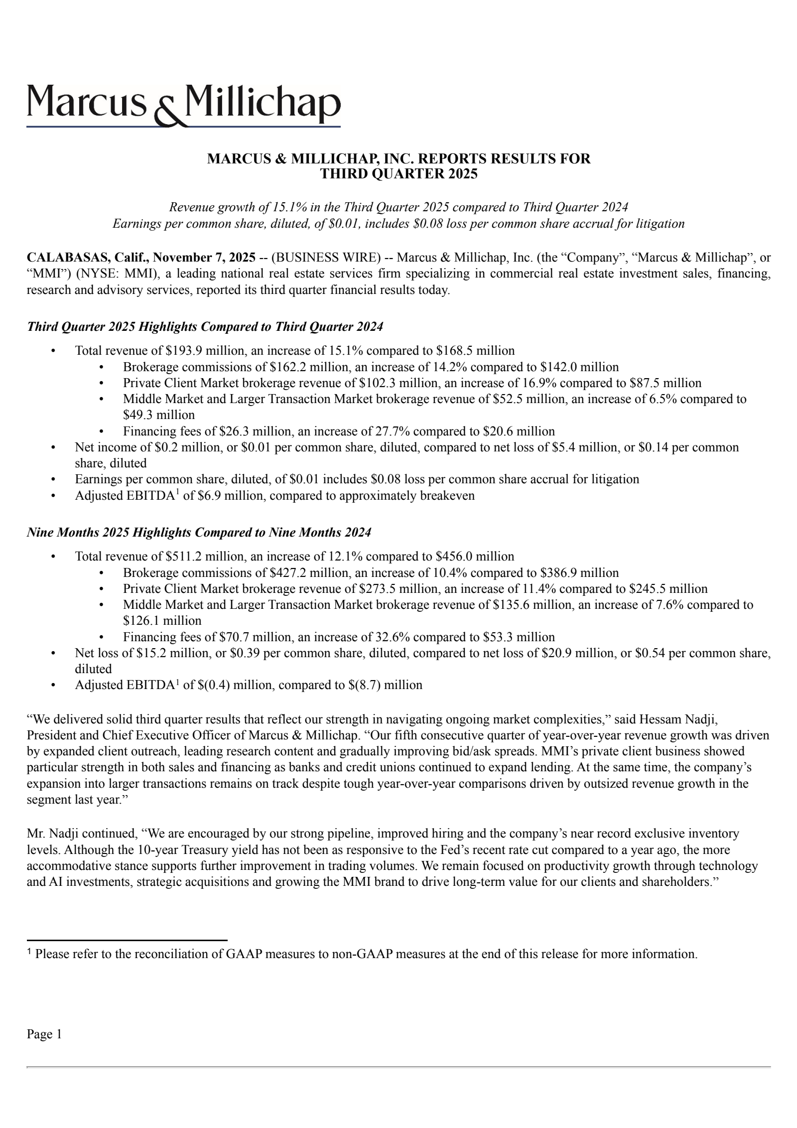 Marcus & Millichap's Q3 2025 Earnings Release