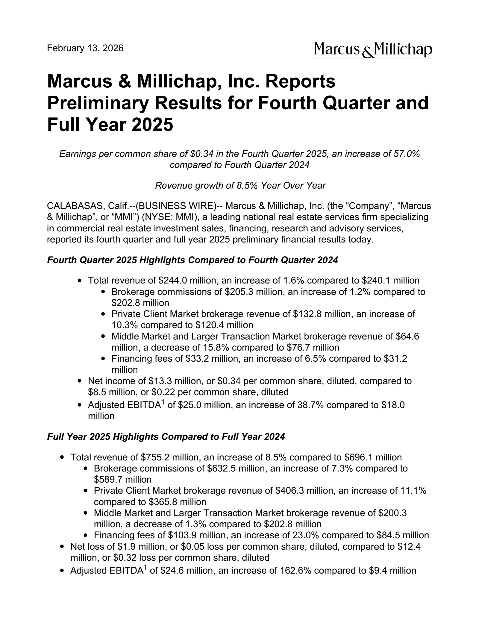 Marcus & Millichap's Q4 2025 Press Release