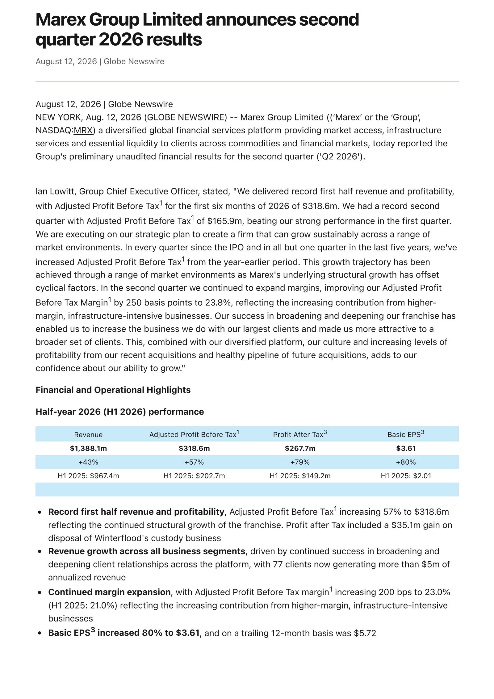 Marex Group plc Ordinary Shares' Q2 2026 Press Release