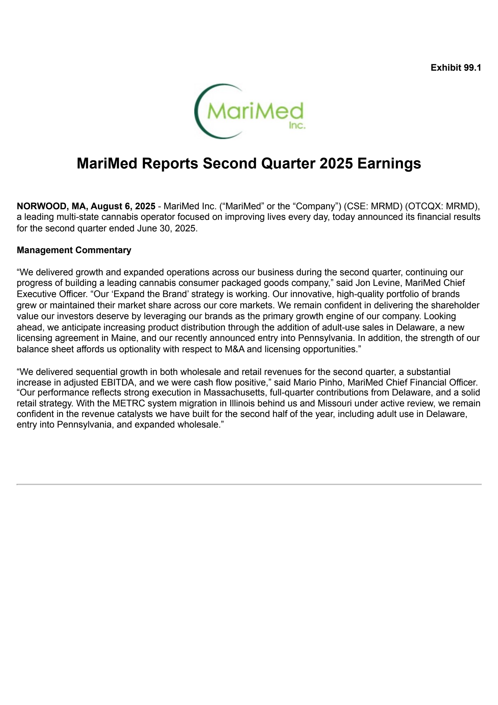 MariMed's Q2 2025 Press Release